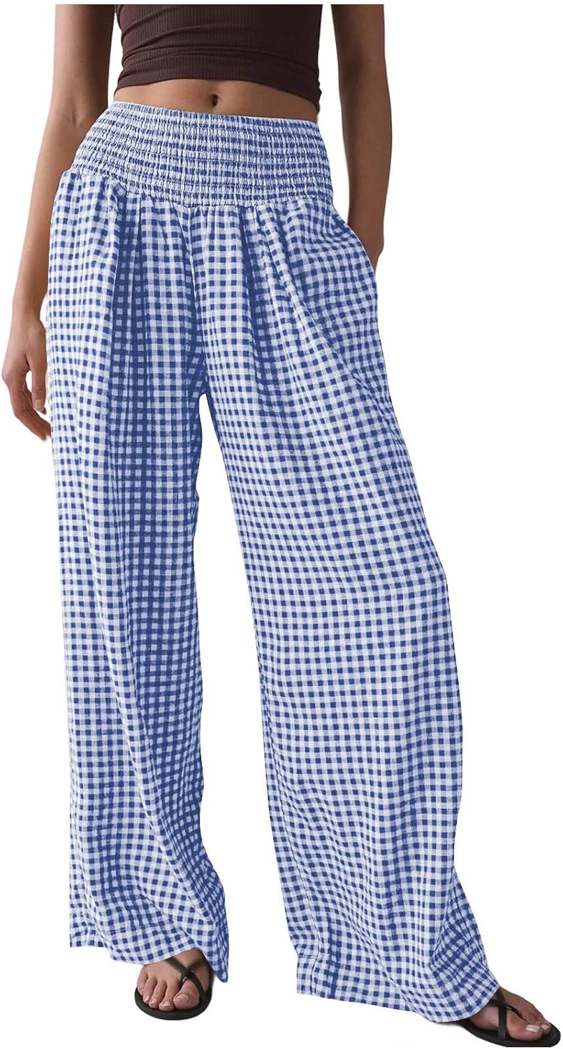 Womens Striped Gingham Palazzo Pants Wide Leg High Waisted Lounge Pajama Pants Baggy Casual Trousers with Pockets