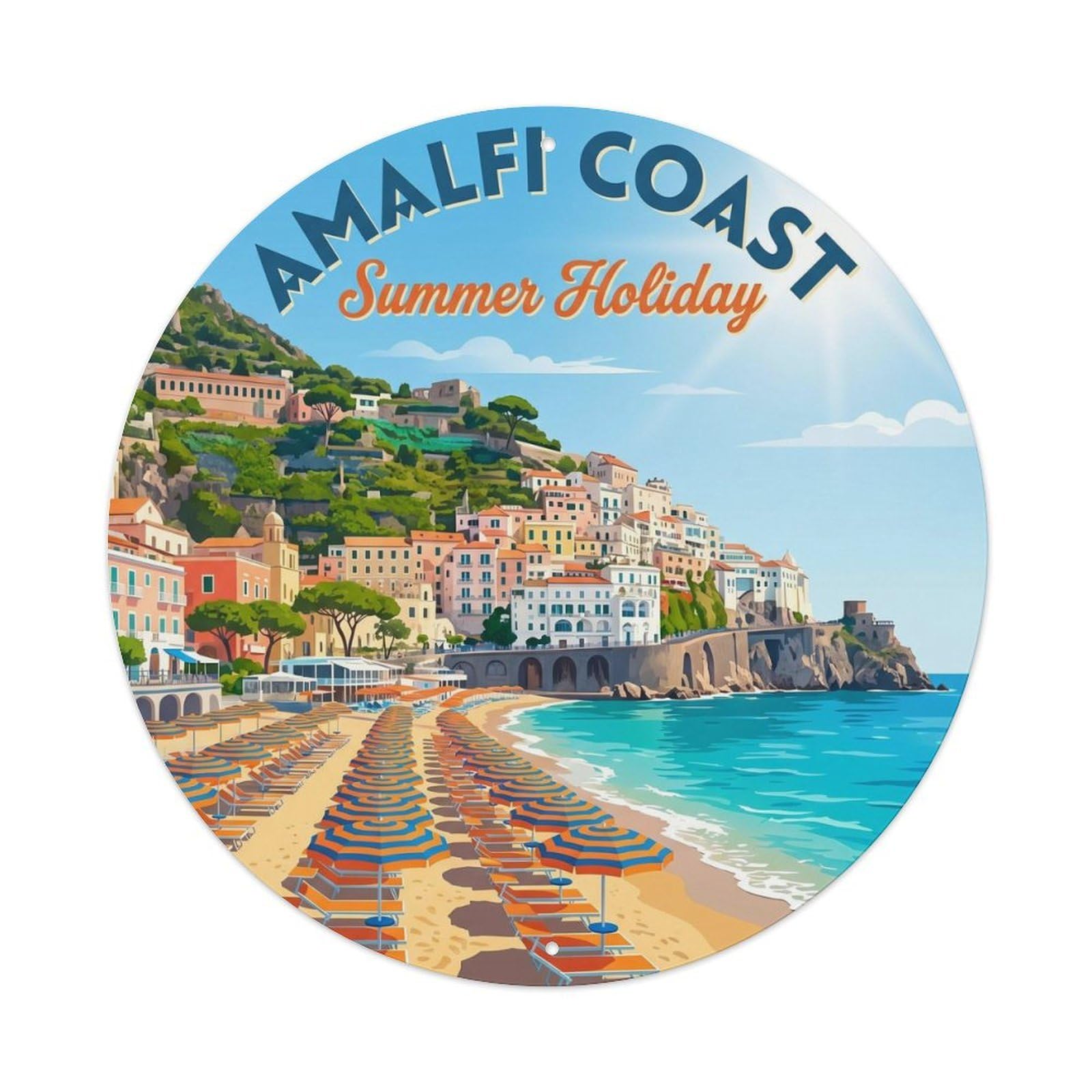 Italian Coast Beach Umbrella Vacation Amalfi Classic Travel Metal Tin Sign Plaque Wall Decor for Cafe, Man Cave, Club Bar, Office, Home Garden Round Metal Poster 8x8Inch