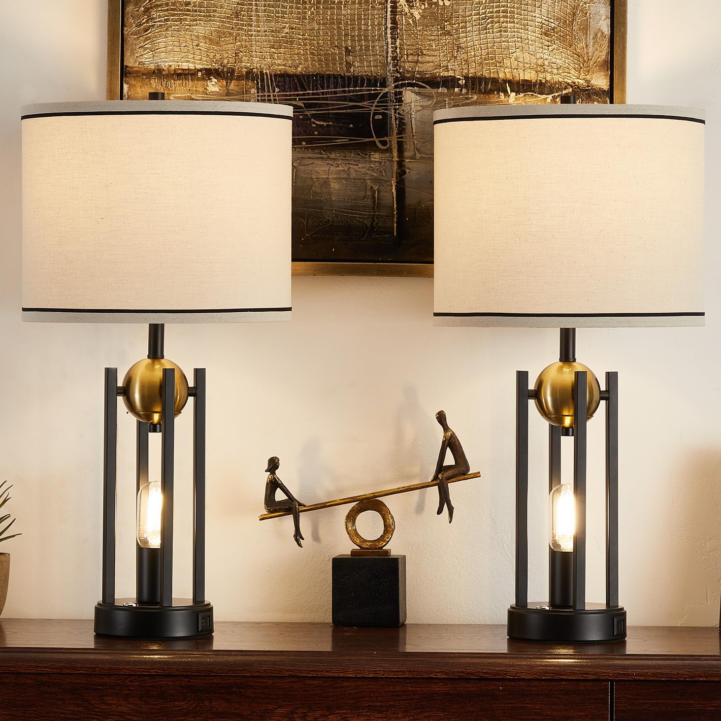 25'' Farmhouse Table Lamps for Living Room Set of 2 with USB C+A Ports, Rustic Vintage Bedside Lamp for Bedroom, Touch Lamps for Nightstand, Dual Lights Independent Switch, Bulb Included, Gold