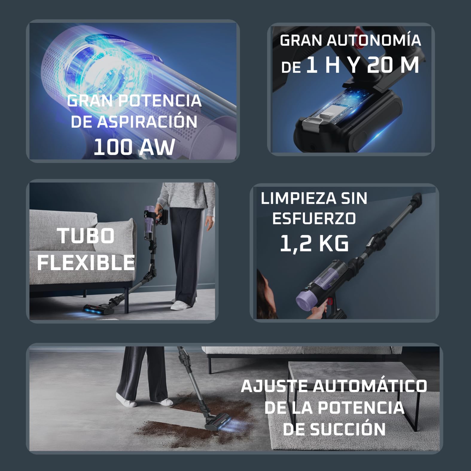 Rowenta X-Force Flex 9.80, Aspirador Escoba Sin Cable, Autonomía de 1h20, Limpieza 4 en 1, Ultraligera, Alta filtración, Modelo para Alérgicos, RH7L35E0
