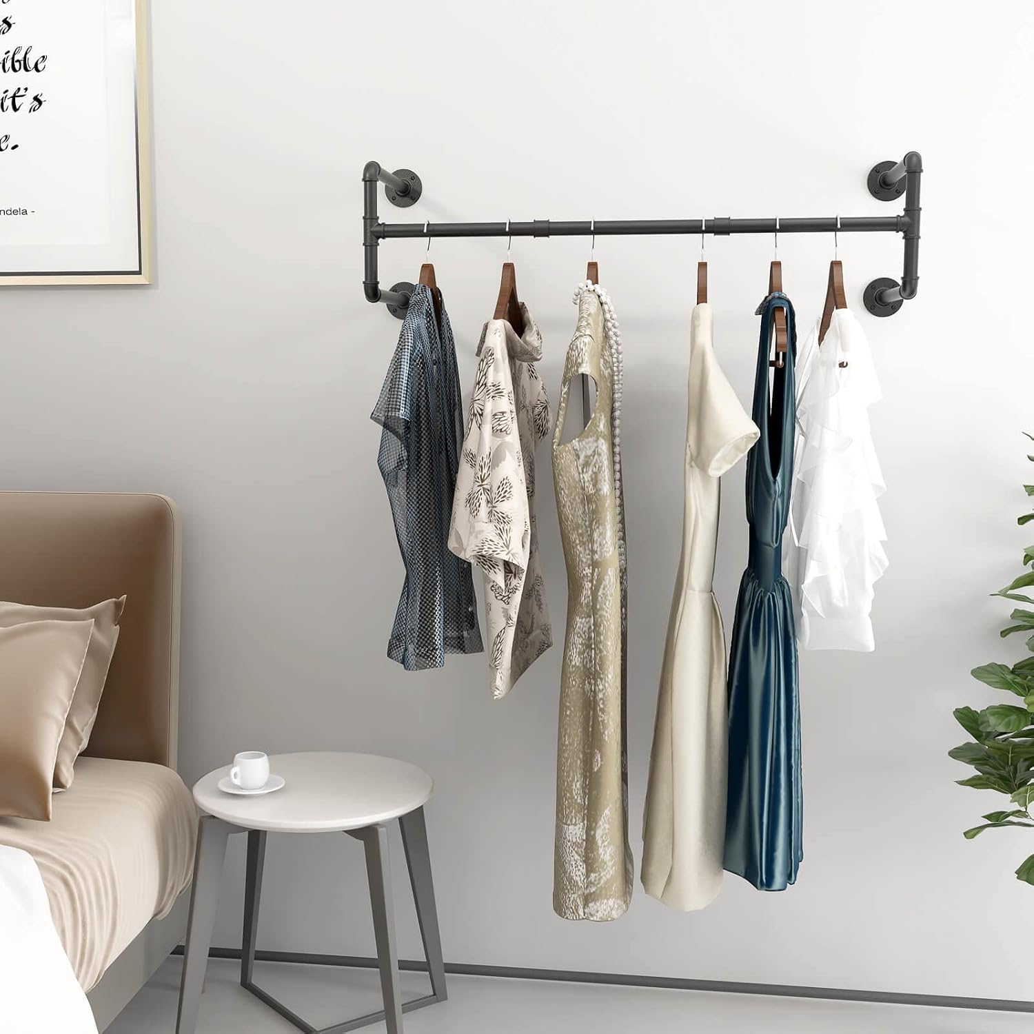 OROPY Clothes Rack Industrial Pipe, Heavy Duty Detachable Wall Mounted Black Iron Clothing Garment Bar, Multi-purpose Hanging Rod for Closet Storage, 44.3" L × 12.2" W, Black (Four Base)