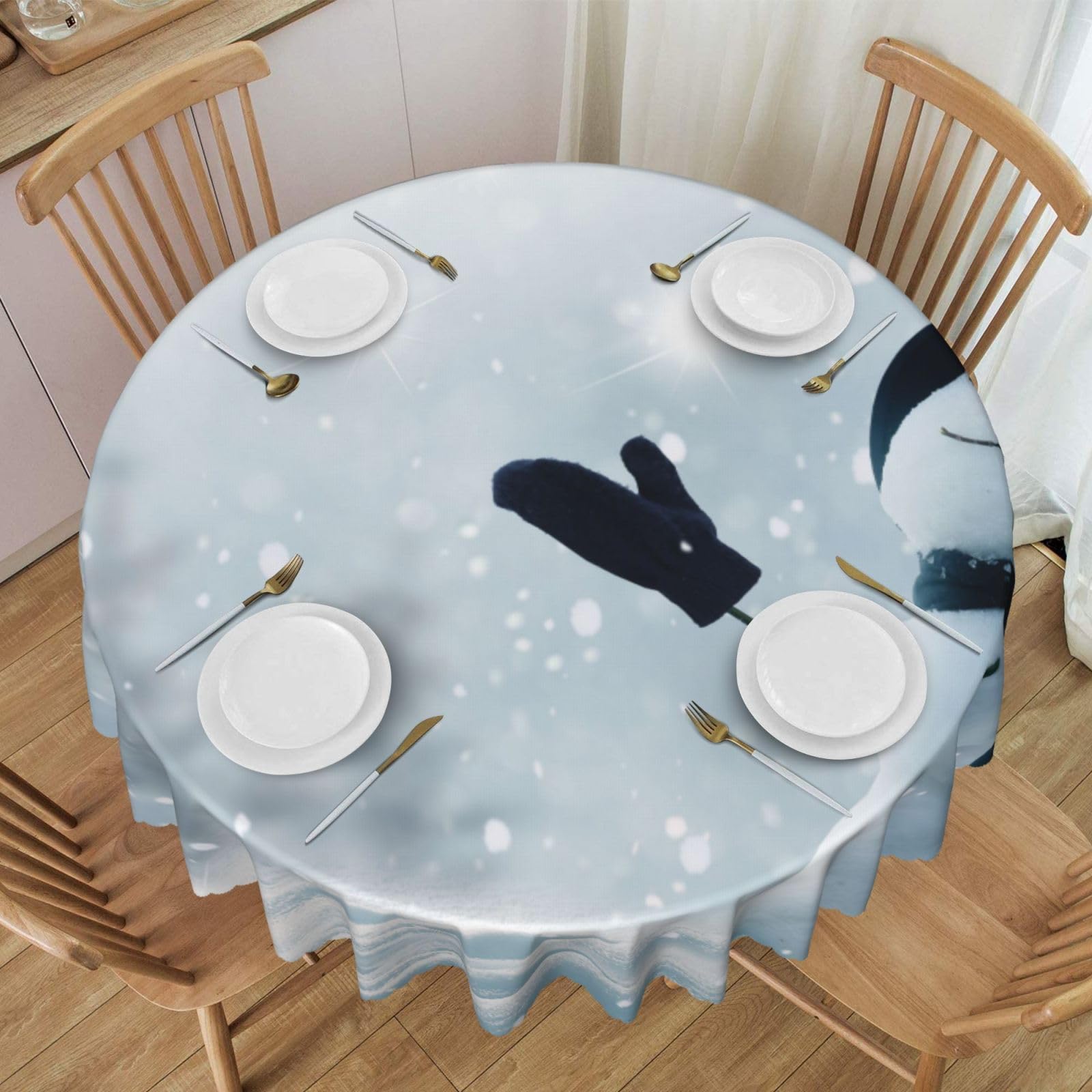 DCEHGEW 60 In Round Tablecloth with Lace, Christmas Happy Snowman Printed Oilproof & Washable Fabric Picnic Table Cloth Table Covers