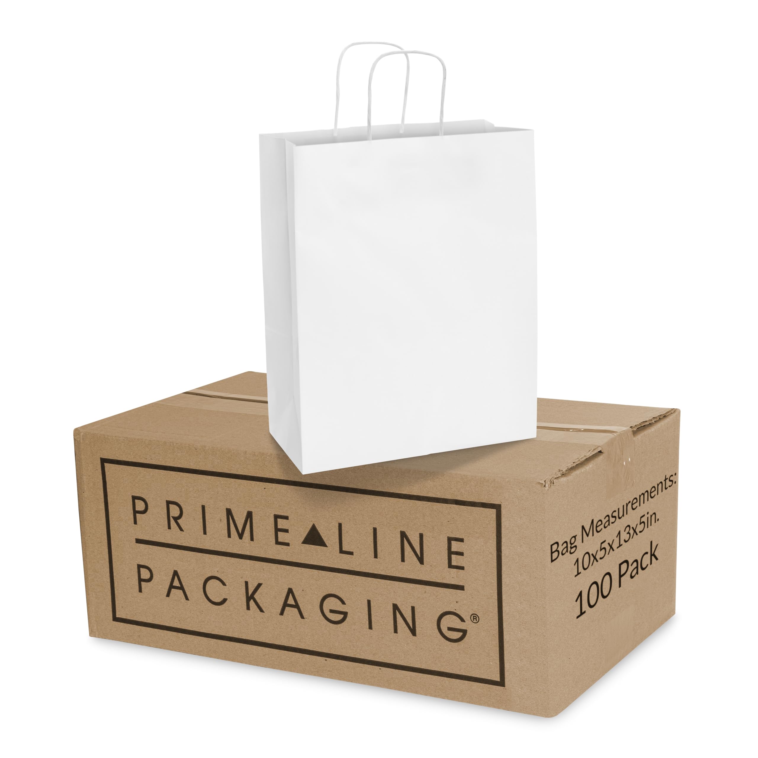 Prime Line Packaging 100 Pcs. White Paper Bags With Handles, Shopping Bags, Gift Bags, Kraft Bags, Paper Bags in Bulk 10x5x13"