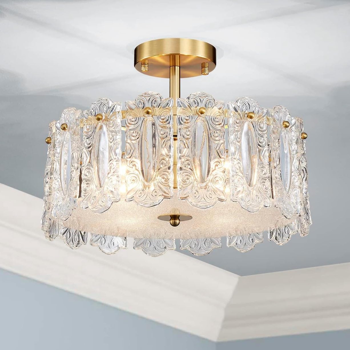 SM Saint Mossi plafonnier en verre de cristal, plafonnier moderne semi-encastré, D14,6 x H9,5, culot E14, 4 lumières, finition cuivre
