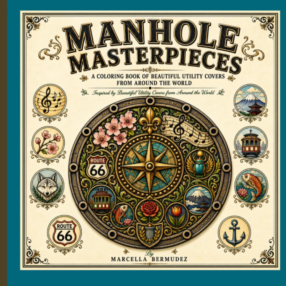 Manhole Masterpieces: A World Travel Adult Coloring Book Featuring Beautiful Manhole Covers Inspired by Cities Around the World