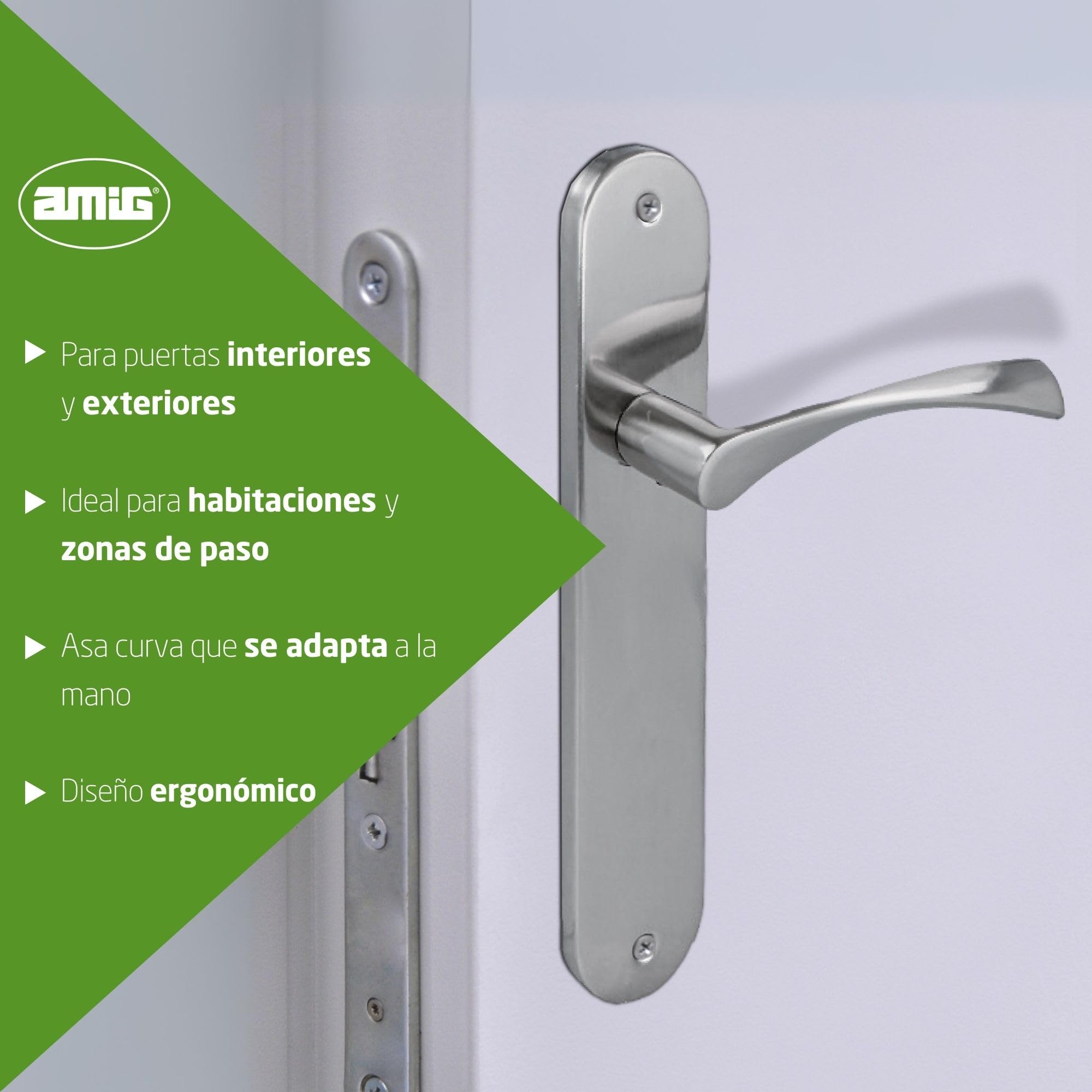 Amig – Juego de 4 manillas para puertas con placa de acero – Modelo ISHI PB – 240 x 45 mm – Cuadradillo de 8 mm – Diseño elegante y sencillo – Sin bocallave – Níquel-aluminio cepillado