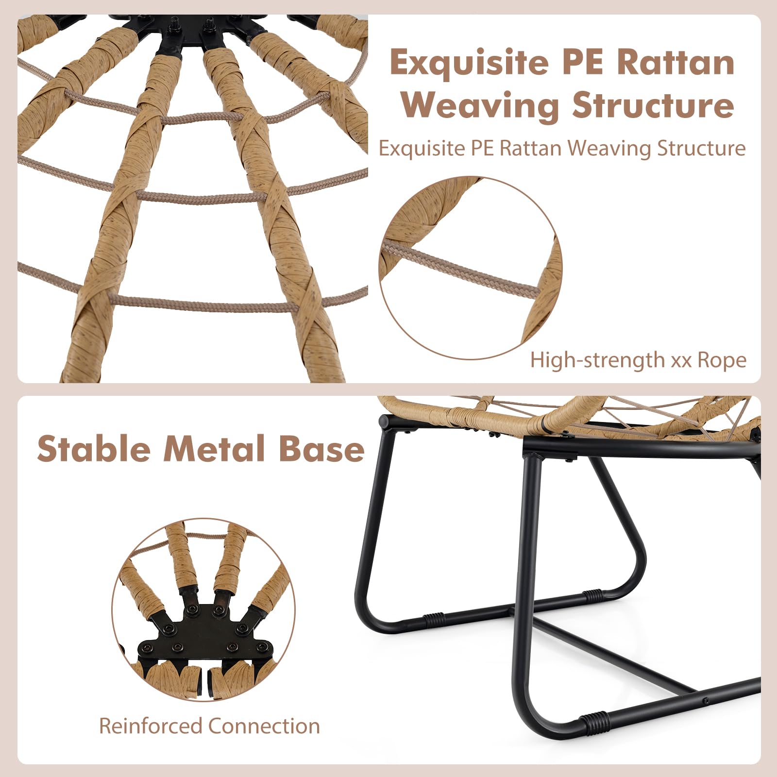 COSTWAY Korbsessel Rattan, übergroßer Loungesessel mit abnehmbarem Kissen & Metallgestell, Gartensessel, Rattansessel für Balkon, Garten, Terrasse, Wohnzimmer (Beige)