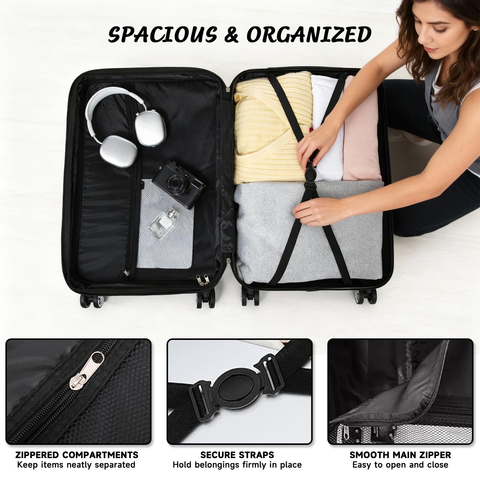 Set de Valise 3 Pièces (55/66/77cm),Lot Valise Rigide ABS Grande Taille Durable,Valise Soute avec 4 roulettes 360°,Sets de Bagages de Voyage