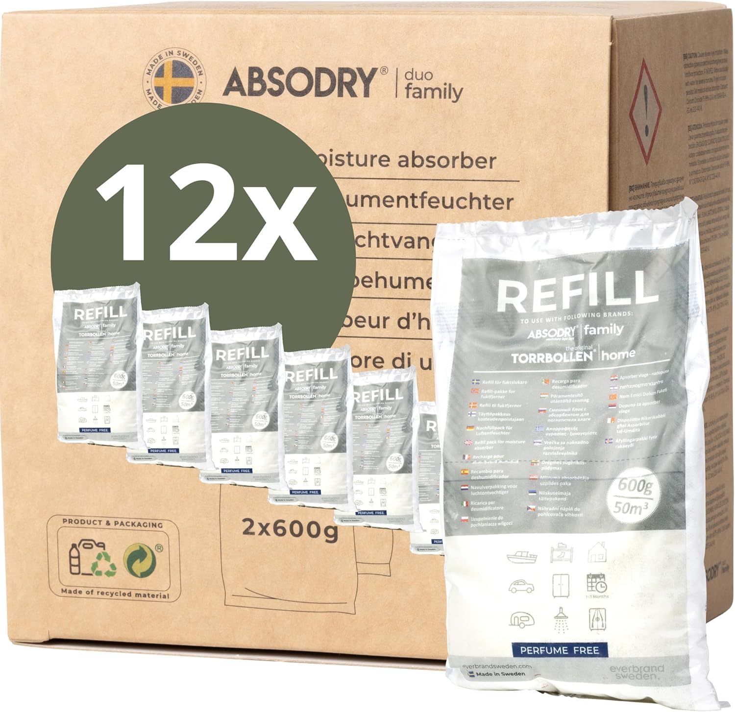 AbsoDry Duo Family - Dehumidifier Refill Pack 12 x 600 g - Compatible - Prevents Odour & Binds Moisture - Desiccant Bag with Granules for Room Dehumidifier - Dehumidifier Refill Pack — image 1