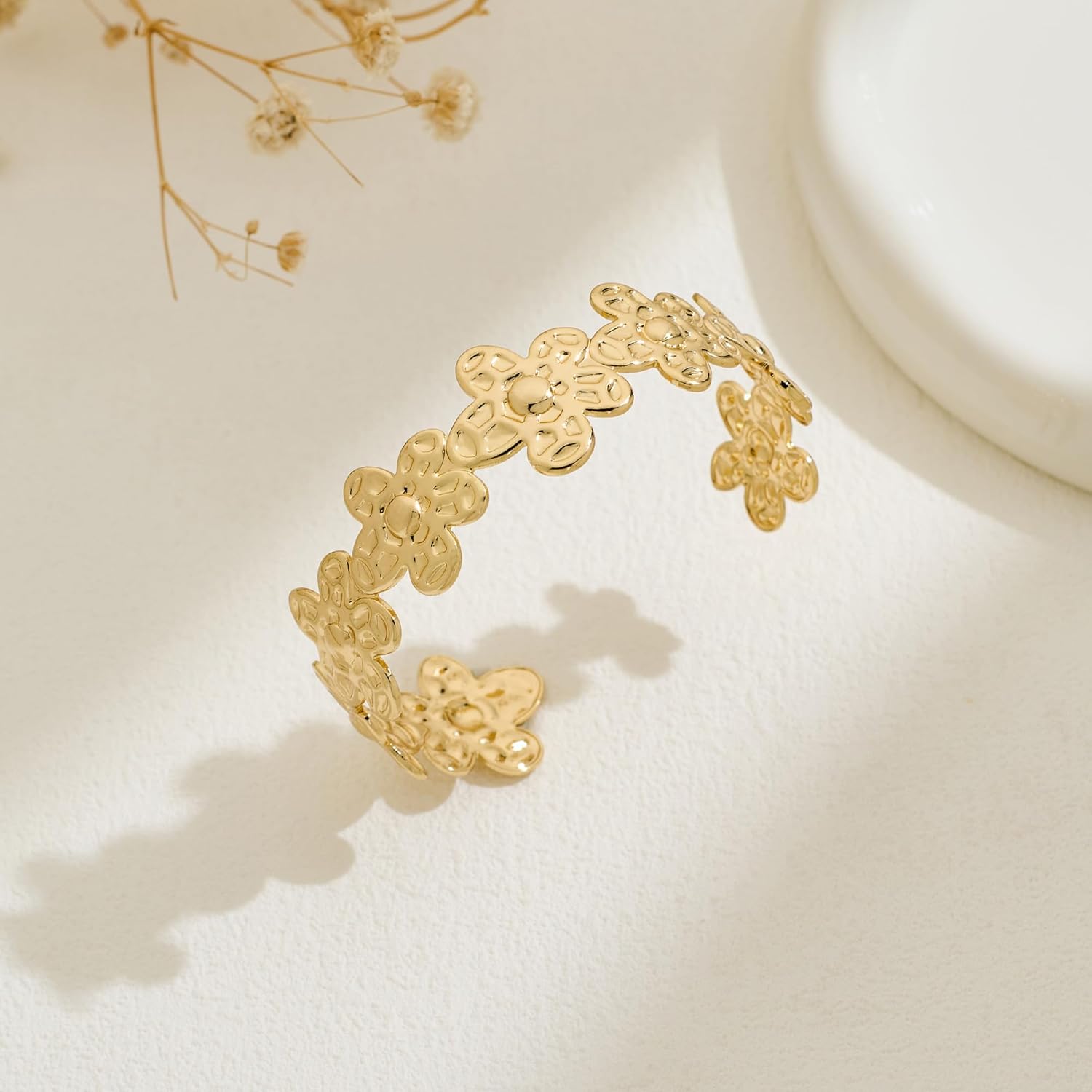 Chunky Gold Flower Cuff Bracelets for Women, Vintage Floral Bangle Bracelet | Trendy Wide Open Cuff Bangles | Statement Flower Jewelry - Image 5
