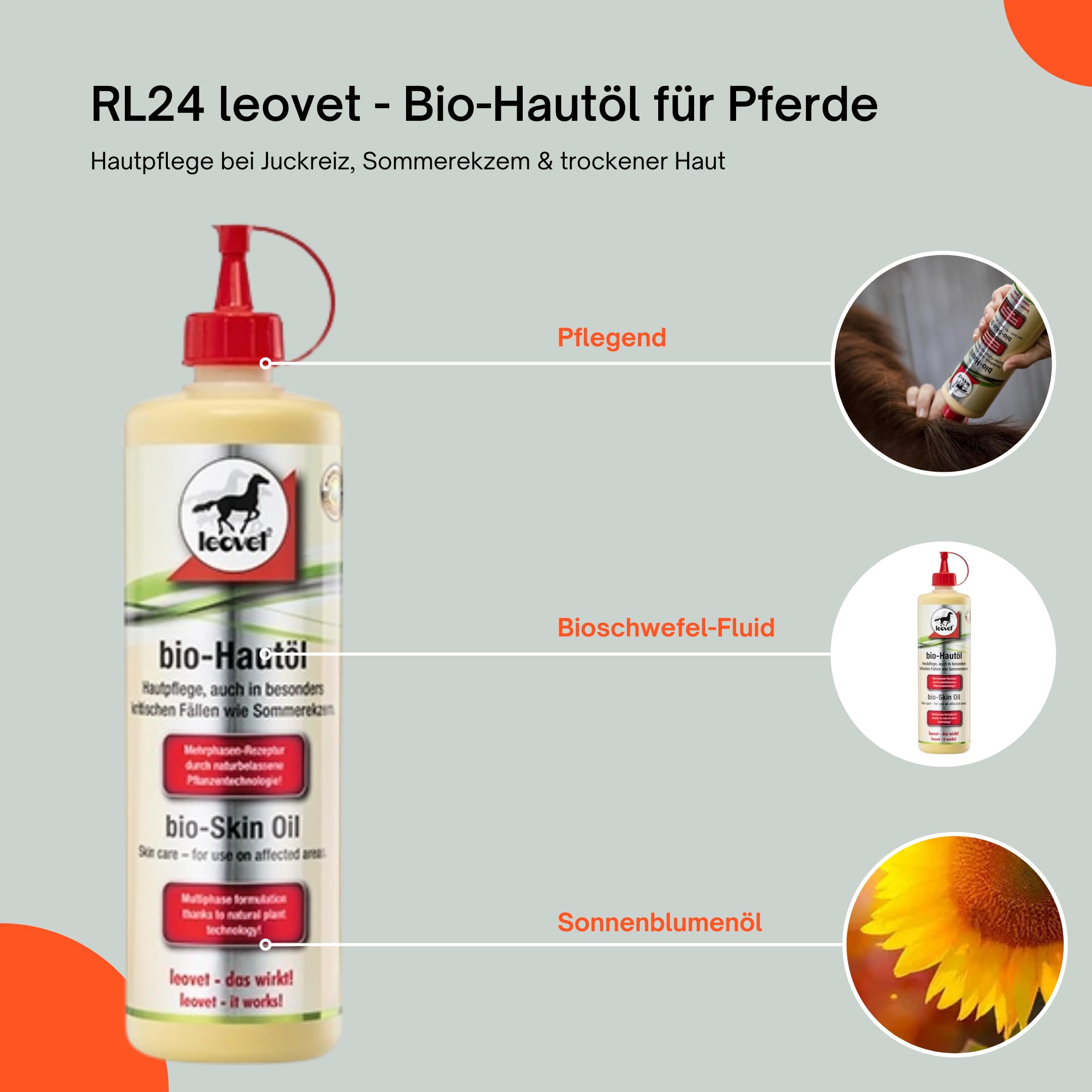 RL24 leovet - Bio-Hautöl für Pferde | Hautpflege bei Juckreiz, Sommerekzem & trockener Haut | Pflegelotion für Kräftigung der Haut | Hautlotion mit Bio-Schwefelfluid | 1 x 500 ml