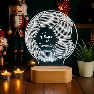Lámpara Personalizada Balón de Fútbol con Nombre – Regalo de Comunión y Cumpleaños para Niño – Luz LED Decorativa con Base de Madera – Luz Nocturna Infantil Quitamiedos