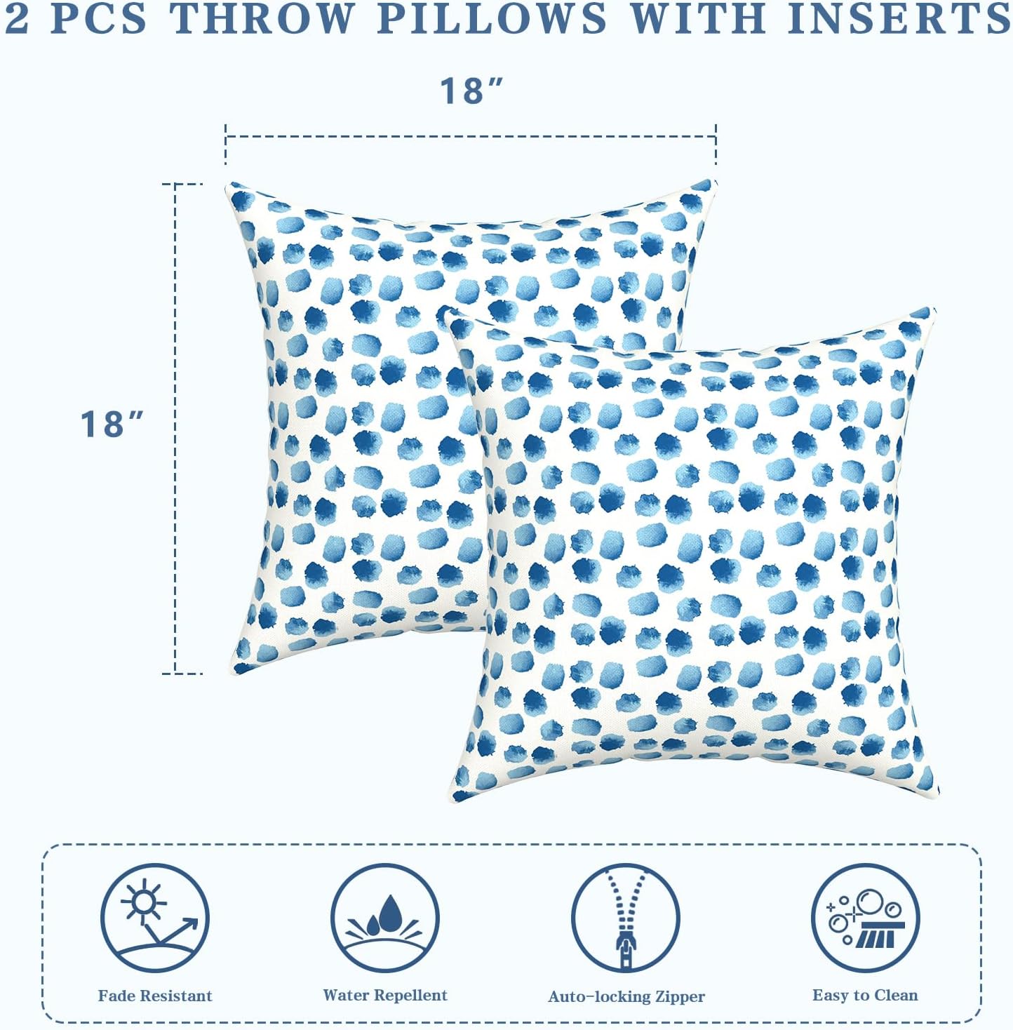 LVTXIII Outdoor/Indoor Throw Pillows, Decorative Throw Pillows with Inserts, 18"x18" Square Pillows for Bed, Couch, Sofa and Patio Furniture, Set of 2, Brush Blue