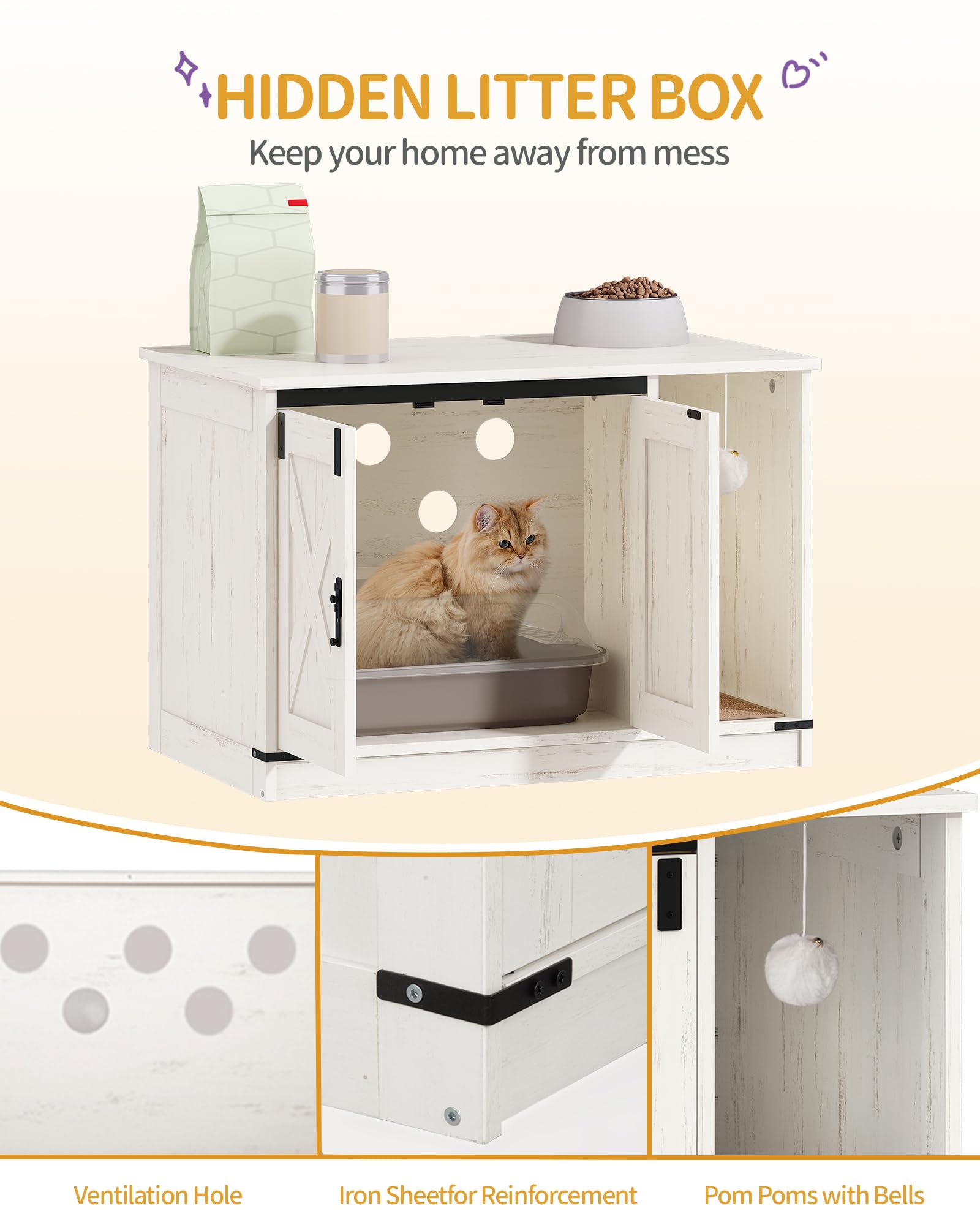 Hzuaneri Armario para Gatos, Mueble Arenero Gatos, Mueble para Caja de Arena Oculta con Campana para Gato, Casa para Gato de Interior 80 x 50 x 53 cm, para Dormitorio, Blanco CB82414B