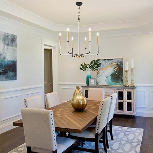 Miniatura 9 de Lámpara de araña negra y dorada, moderna lámpara de comedor de granja de 6 luces con cadena, accesorios de iluminación colgantes de metal, luces de