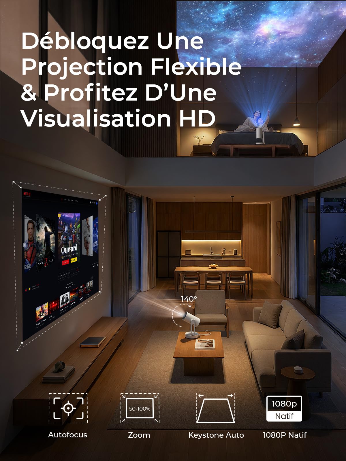 Projecteur Video 4K Supporté,Google TV, Auto Focus/Keystone WiFi Bluetooth FHD 1080P, Video Projecteur avec Rotatif 140°, Veilleuse Tactile ETOE Starfish Plus 300 ANSI Retroprojecteur ​Home Cinéma