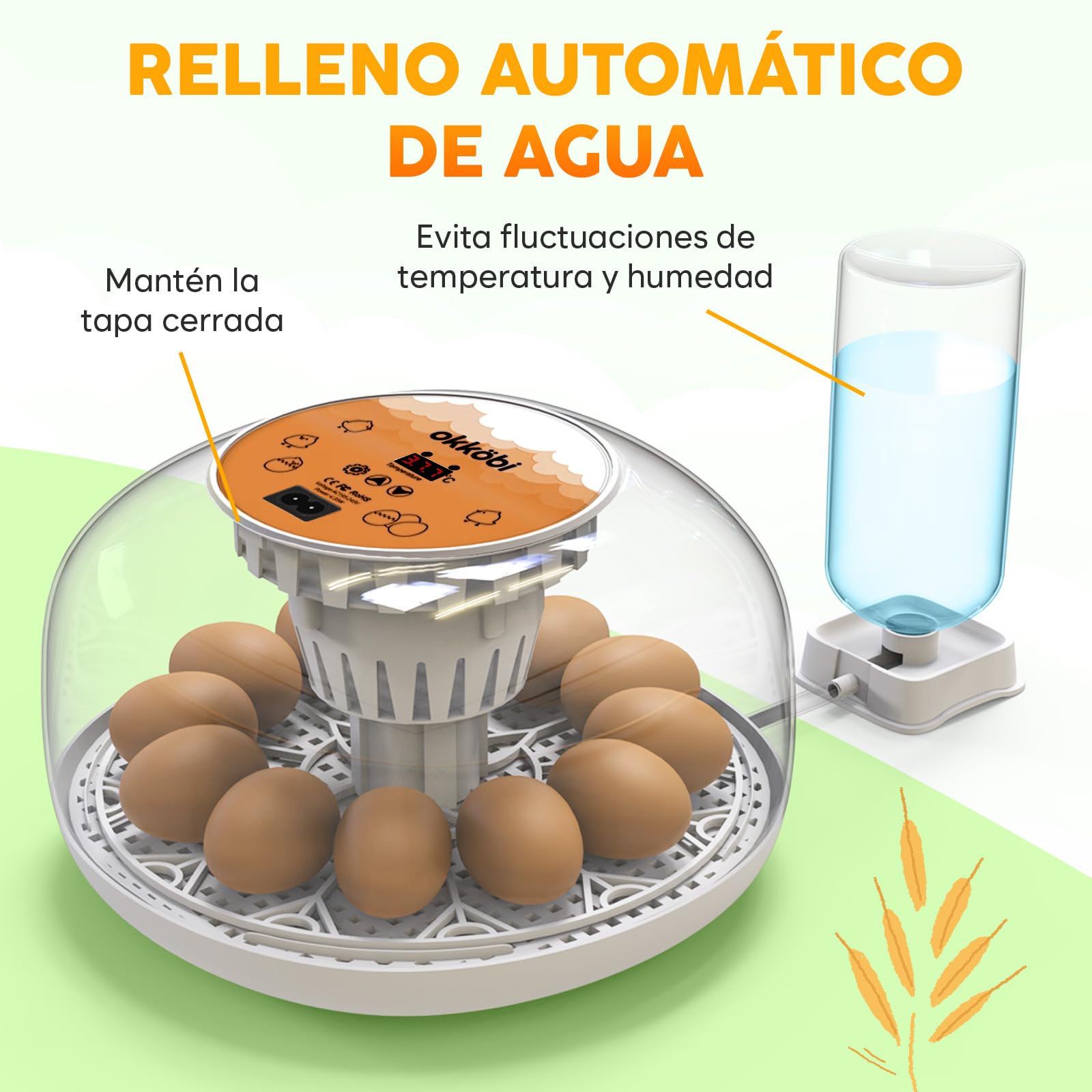 Okkobi M12 - Incubadora Huevos Gallina Automática - Volteo Automático y Control de Humedad - Chocadeira Ovos Automática - 12/24 huevos, Vista 360°, fácil de usar y limpiar - Blanco y naranja