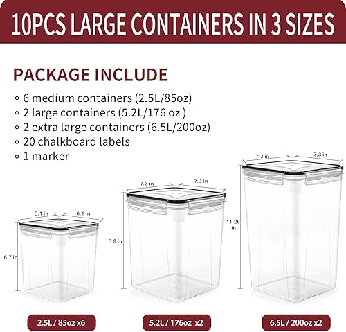 Miniatura 2 de PRAKI Contenedores grandes herméticos para almacenamiento de alimentos, 10 recipientes de plástico sin BPA, organización de cocina y despensa para
