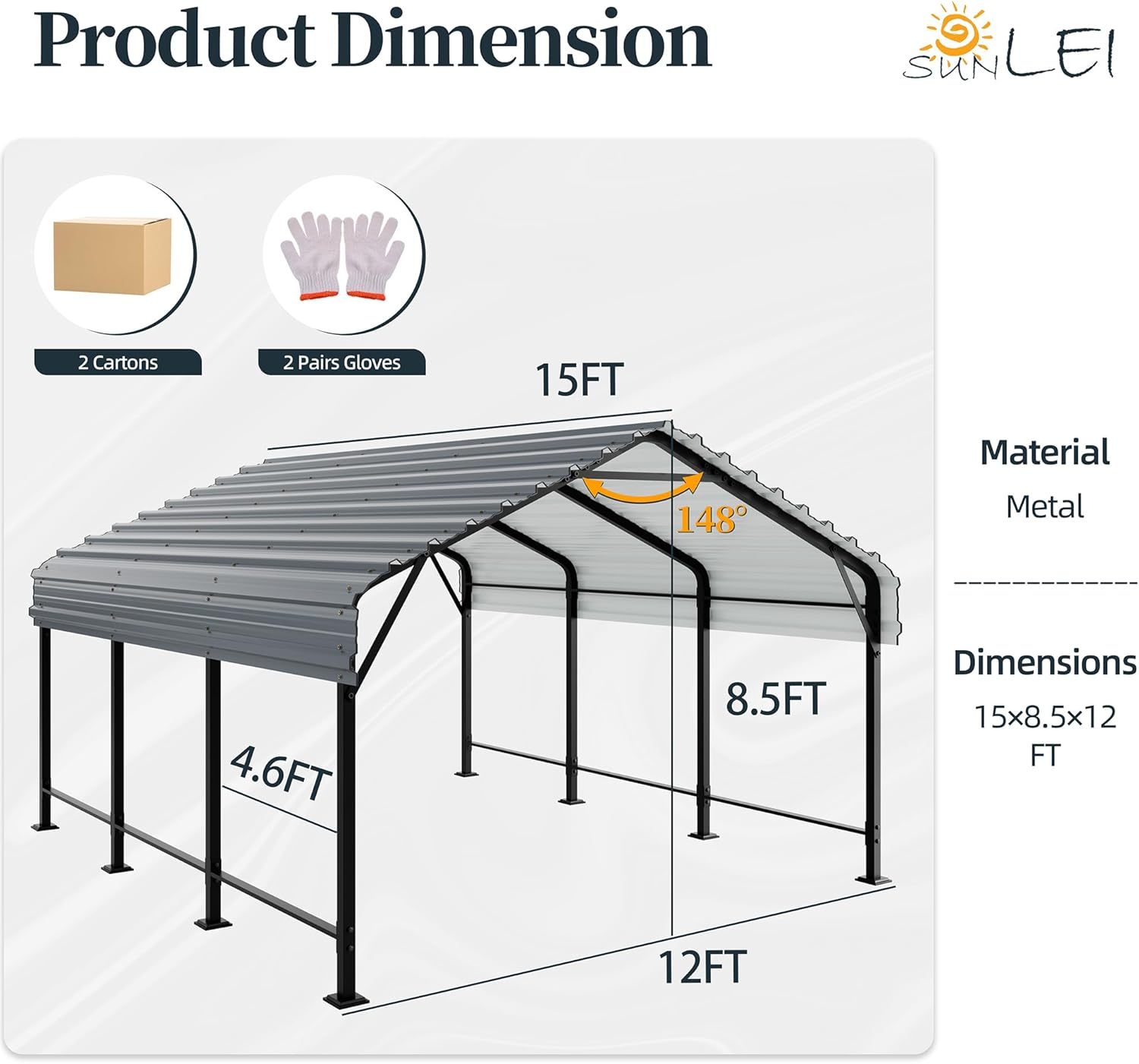SUNLEI Heavy Duty Carport Canopy - 12x15 FT Metal Carport with Galvanized Steel Roof and Frame - Extra Large Garage for Pickup, Boat, Car and Tractors