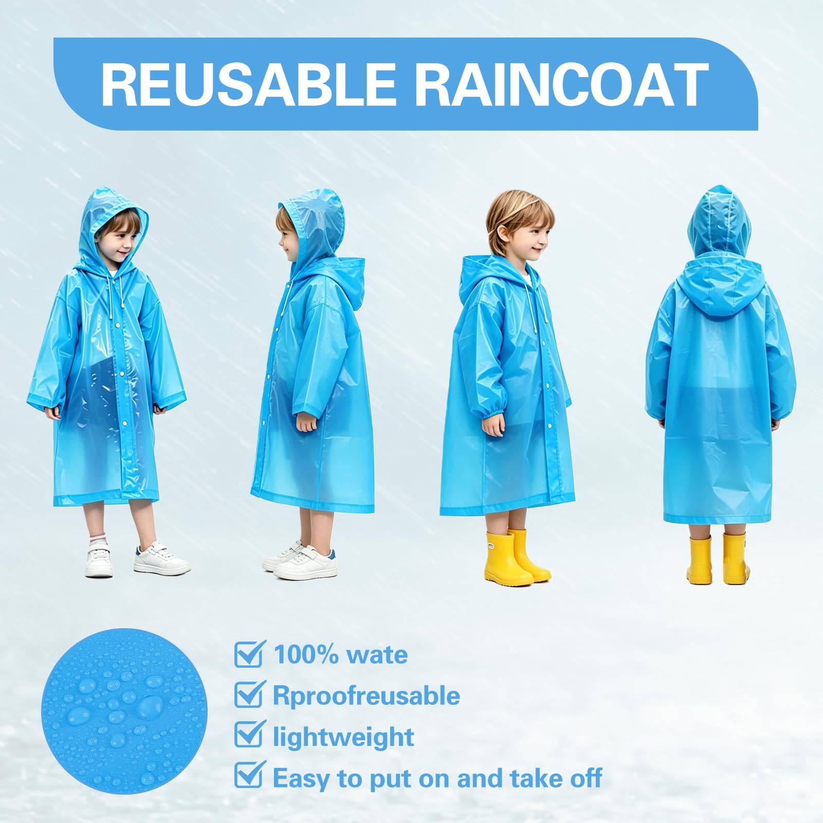 Chubasquero Niños EVA 100% Ecológico - Impermeable Reutilizable Unisex, 6-12 Años 1.0-1.50m, Capucha Botones