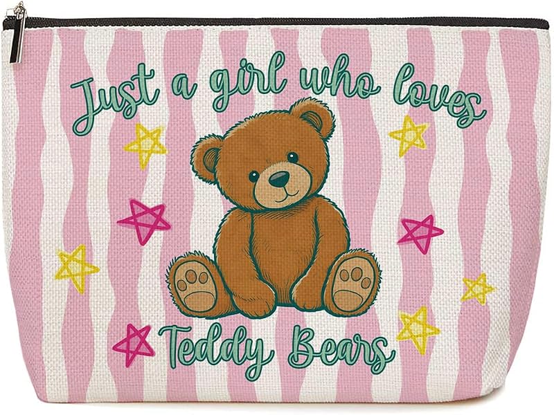 Necessaire de maquiagem Lovdazzles rosa listrada com estampa de ursinho