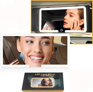 Espelho de Maquiagem para Carro com LED 3 Luzes (Branca, Natural, Quente) e Toque Sensível, Bateria 1500mAh Recarregável USB Compatível com Todos os Carros (Grande)