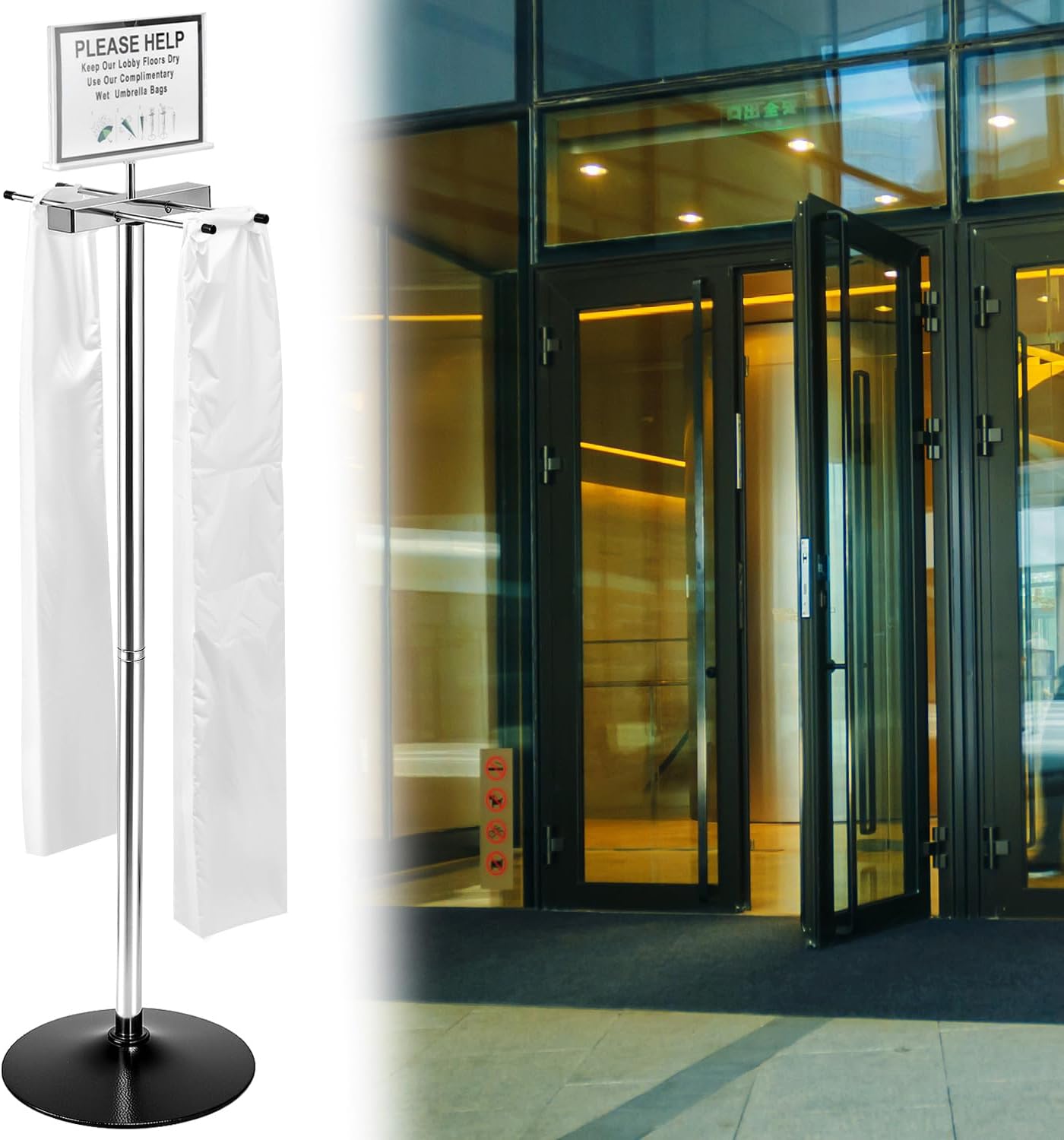 QWORK Umbrella Holder for Entryway, Umbrella Bag Wrapper Station with Customizable Sign – 200 Long Bags Included, for High Traffic Areas