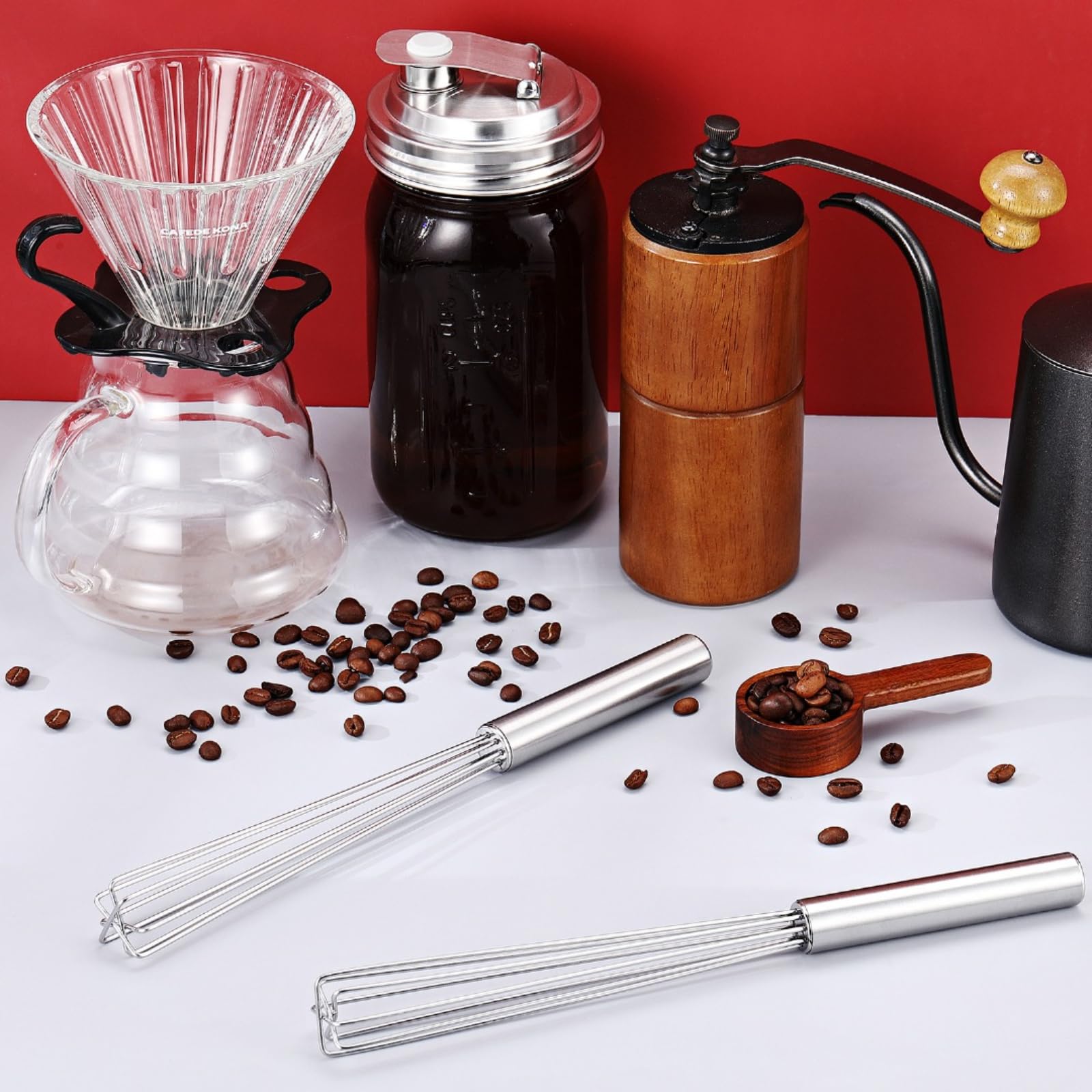 Baderke Paquete de 2 batidores de café espresso de mango largo de 10.6 pulgadas, diseño triangular de acero inoxidable, apto para café, leche de chocolate, proteína en polvo, herramienta de batidor de