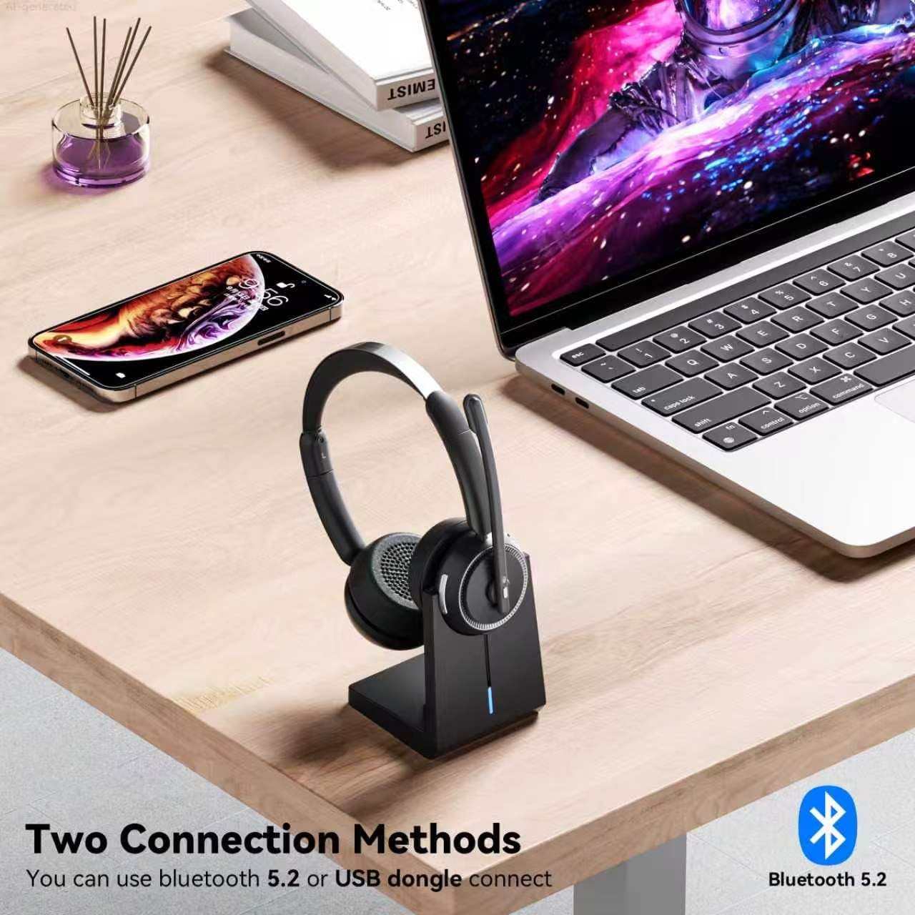 Cuffie wireless con microfono per lavoro, cuffie Bluetooth con cancellazione del rumore e base di ricarica, cuffie wireless con microfono per lavoratori remoti/call center/PC/laptop/computer/casa