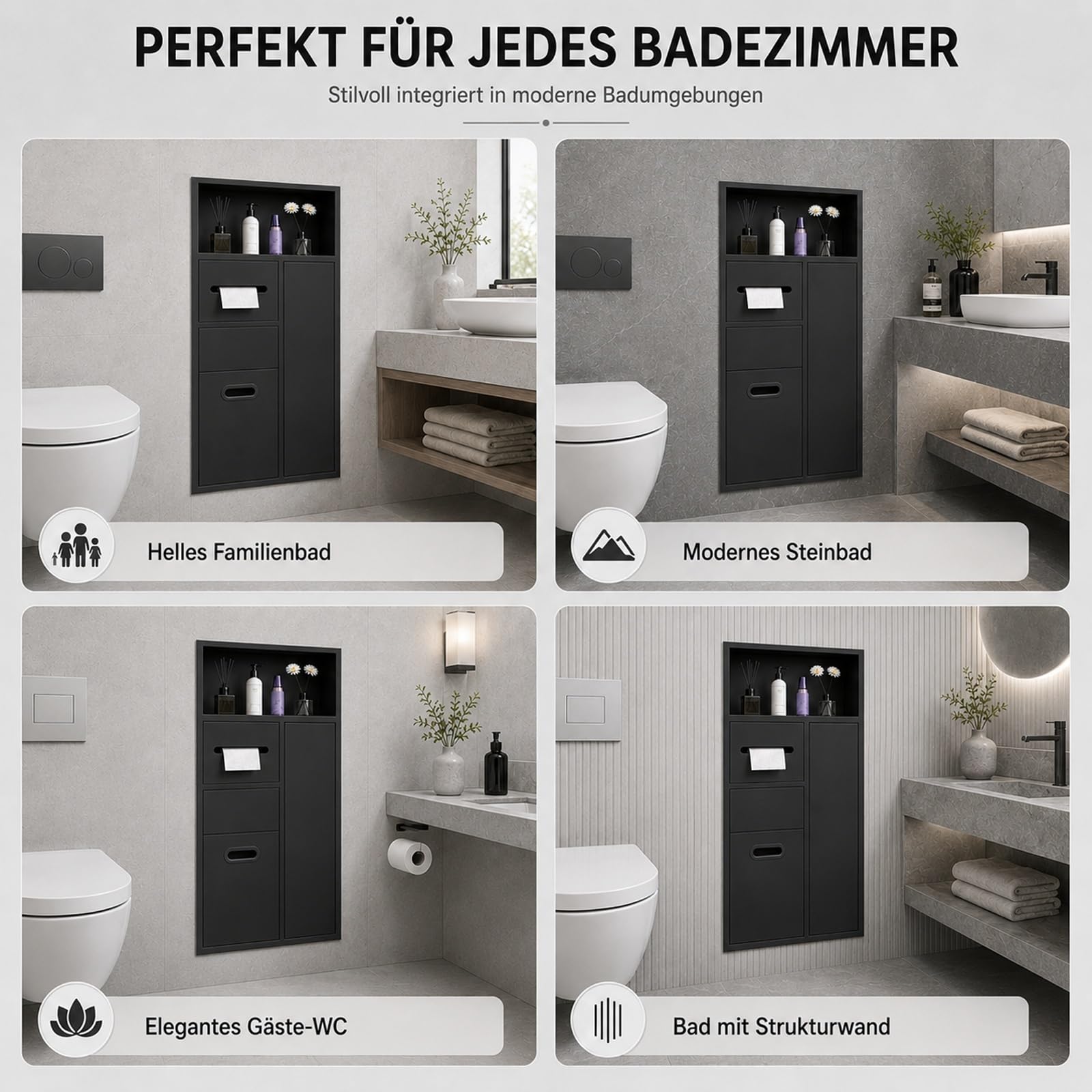 Unterputz Toilettenpapierhalter, Unterputz WC Modul, Wandnische Bad | 305 Edelstahl, Einbau-Mülleimer, Toilettenpapierhalter, WC-Bürstenhalter