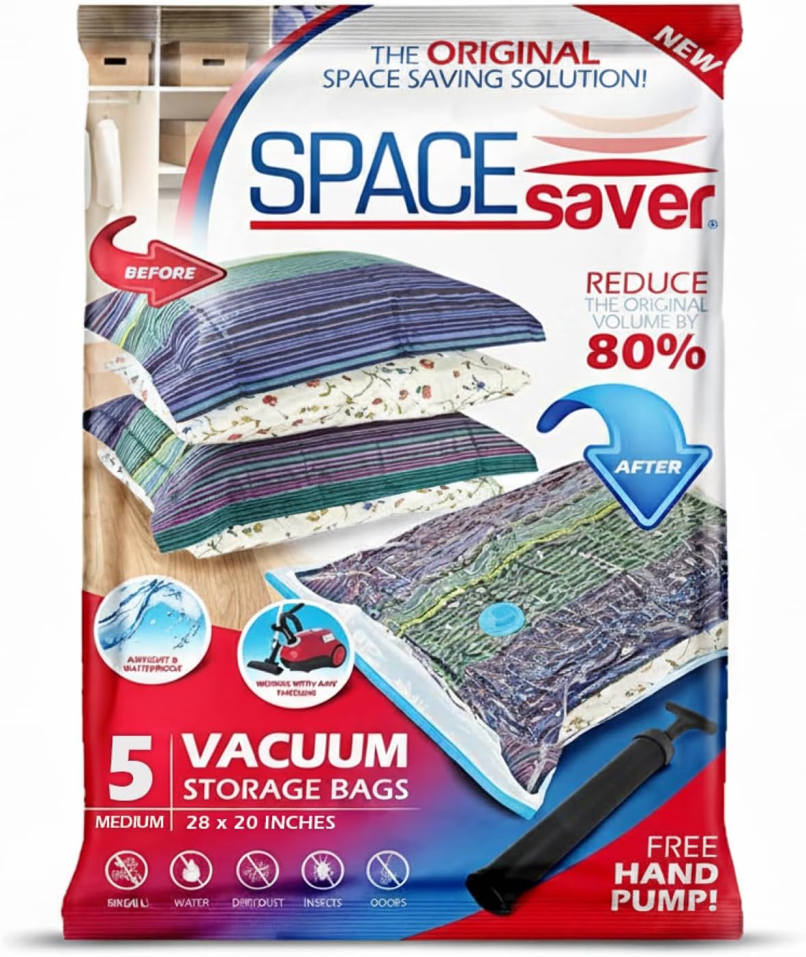 SpaceSaver Vacuum Storage Bags - Medium 5-Pack Clothes Storage Set with Pump - Space Saving Vacuum Bags for Clothes, Bedding and Linens - Airtight Compression Bag for Home and Travel Organization
