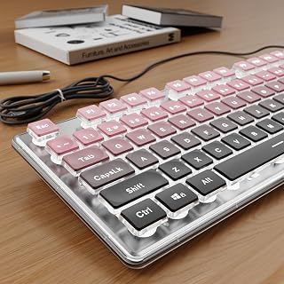 Wired Backlit Keyboard with Pudding Keycaps, Quiet Full Size Computer Keyboard White Backlight Easy-to-Read, Never Fade, Metal Panel, USB Cute Desk Setup for Windows PC Desktop, Pink-Black Ombré