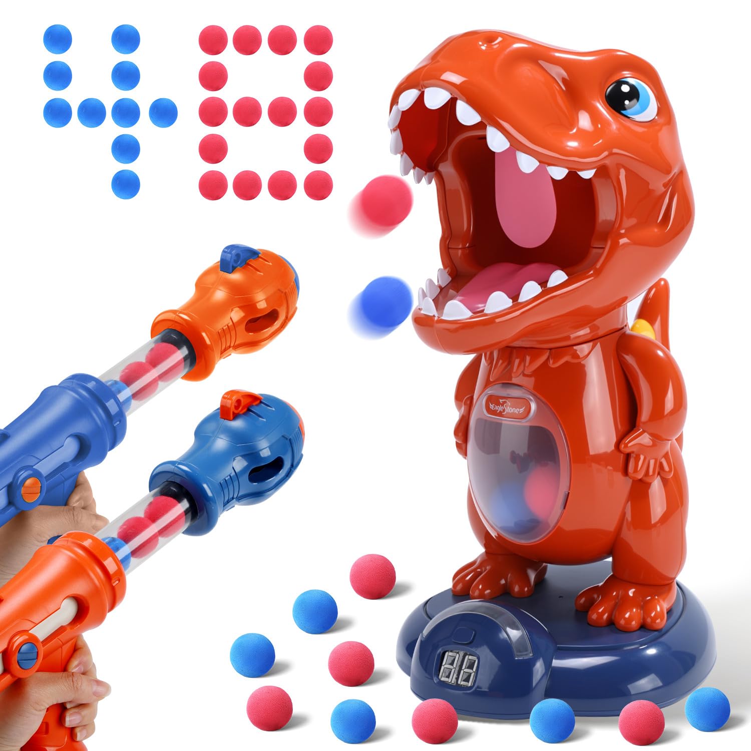 EagleStone Dinosaur Shooting Game for Kids 3-9, Movable Electronic Target Toy with 2 Air Pump Guns, 48 Foam Balls, LED Score Display, Sound Effects, Indoor Outdoor Party Gift for Boys Girls