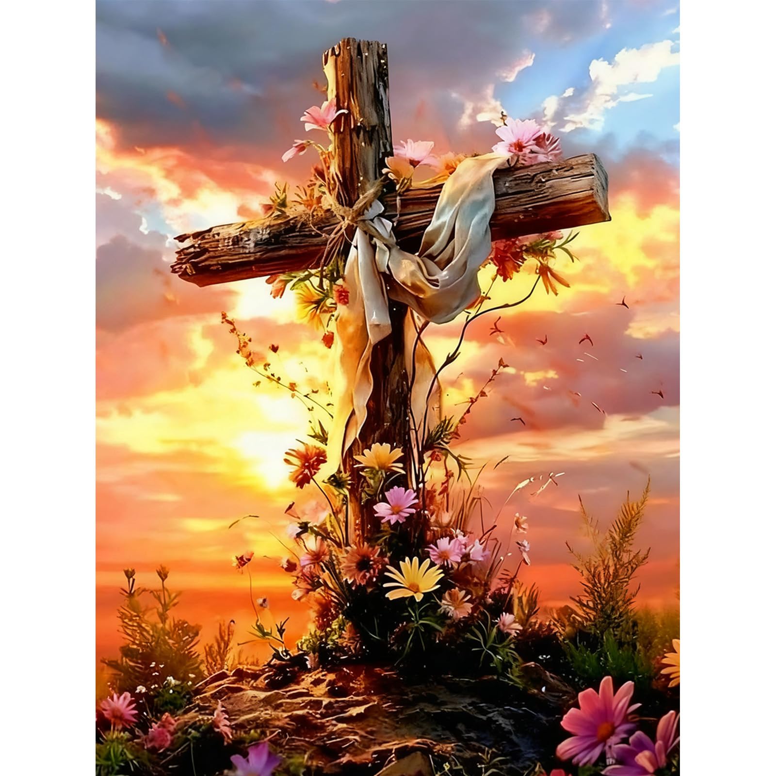 MISCER Cross Sunset Flowers Diamond Painting Kits for Adults, 5D Full Drill Round Gem Art Kit for Beginners, DIY Religious Landscape Arts and Crafts for Home Wall Decoration, 30x40cm
