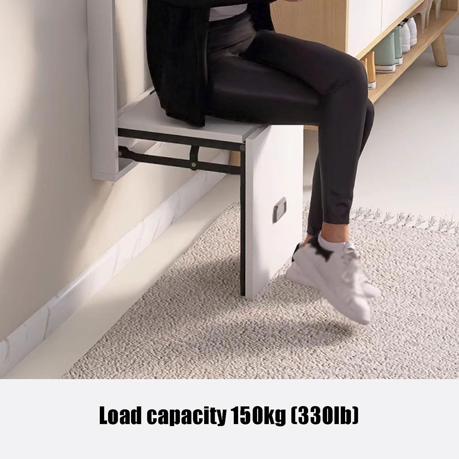 Wall Mounted Folding Shoe Changing Stool Solid Wood Entryway & Bathroom Seating Space Saving Retractable Design for Living Room & Restroom (Original Wood Color & Off White Shell)