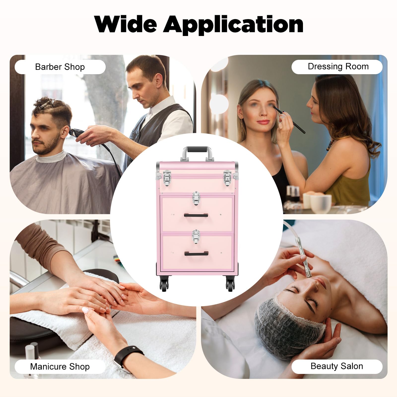 Professional Makeup Train Case with 2 Drawers, Large Cosmetic Traveling Case with Locks, Rolling Makeup Case on Wheels, 3 Layers Waterproof Salon Trolley Cart for Makeup Artists, Pet Beauticians