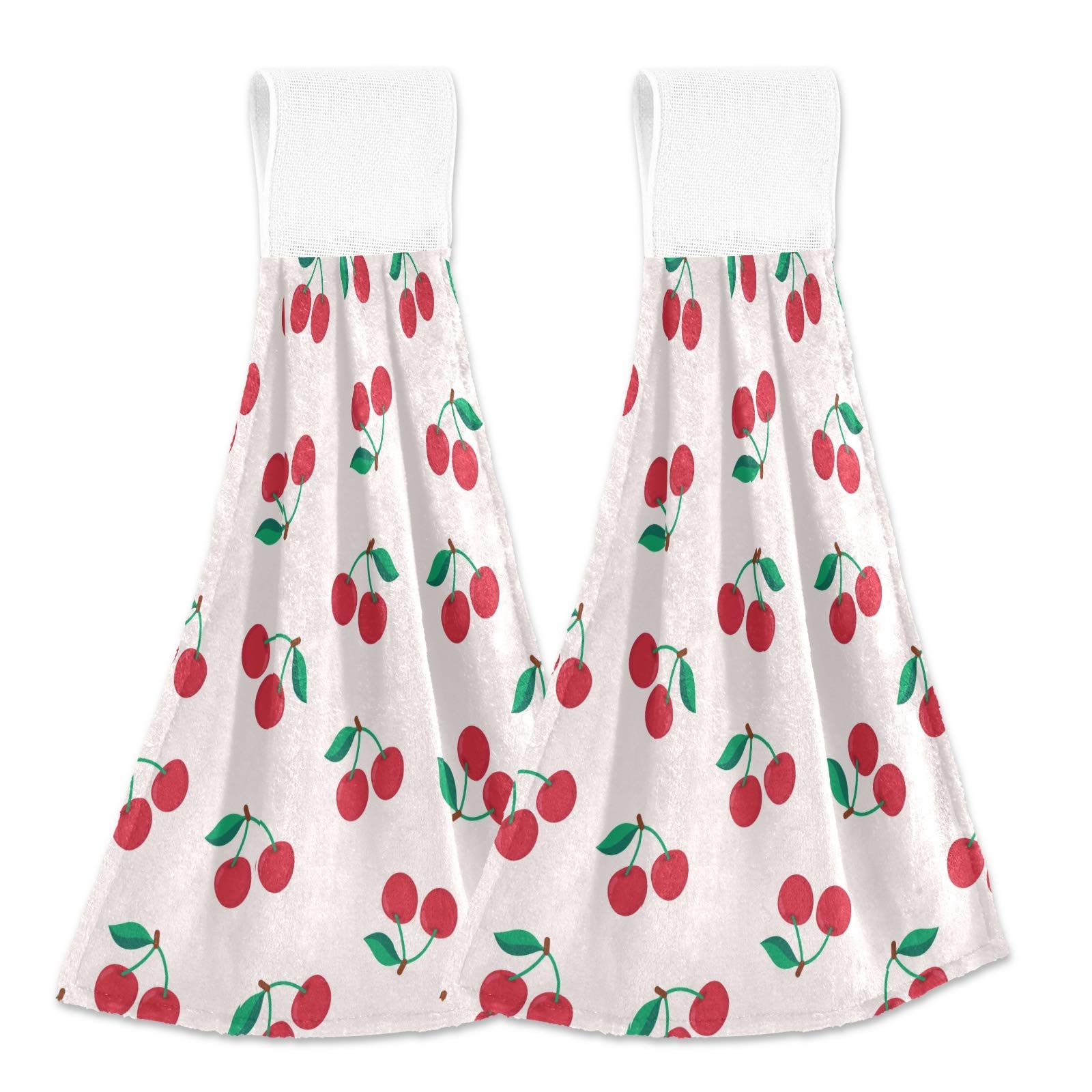 Qilmy Red Cherry Kitchen Towels, 2PCS Super Soft Absorbent Hanging Hang Towels or Dishcloths, Bathroom Hand Towels 12x17Inches