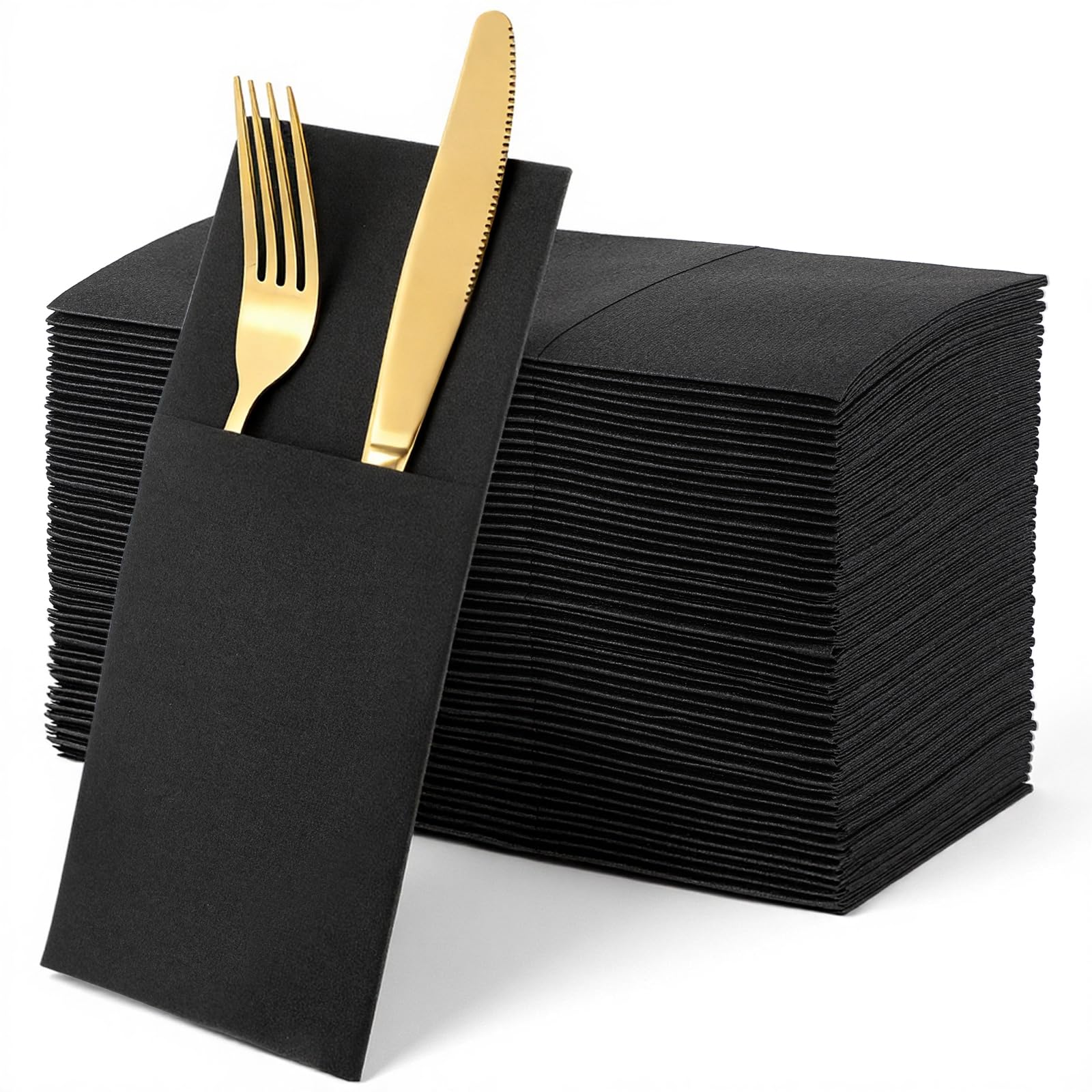 Photo 1 of 100 Pcs Black Linen-Feel Paper Napkins, Black Napkins Disposable with Built-in Flatware Pocket, Prefolded for Knives and Forks, Blacks Dinner Napkin for Evening Parties, Weddings, Birthday