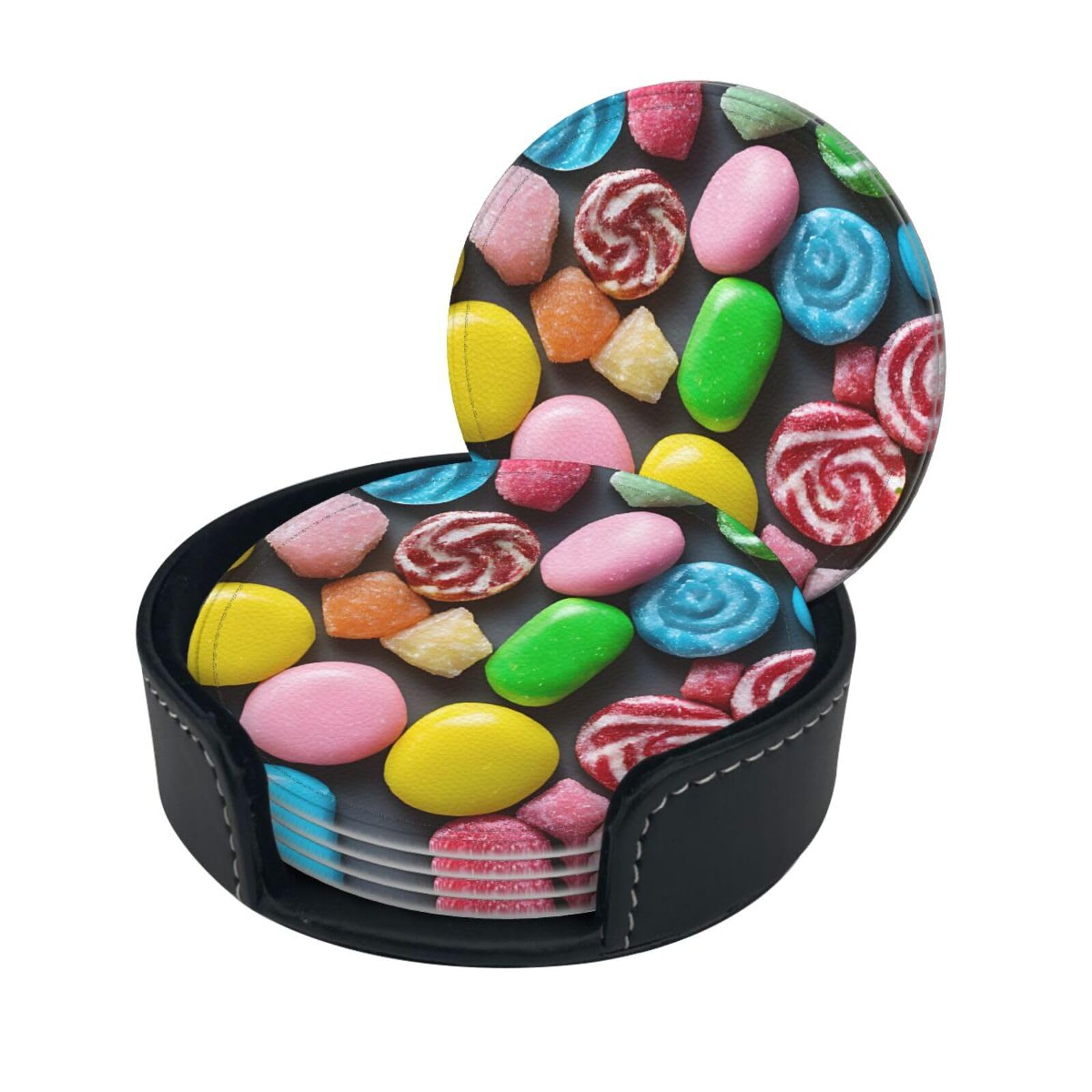 Easter Eggs Print Coaster,Round Leather Coasters with Storage Box for Wine Mugs,Cold Drinks and Cups Tabletop Protection (6 Piece)