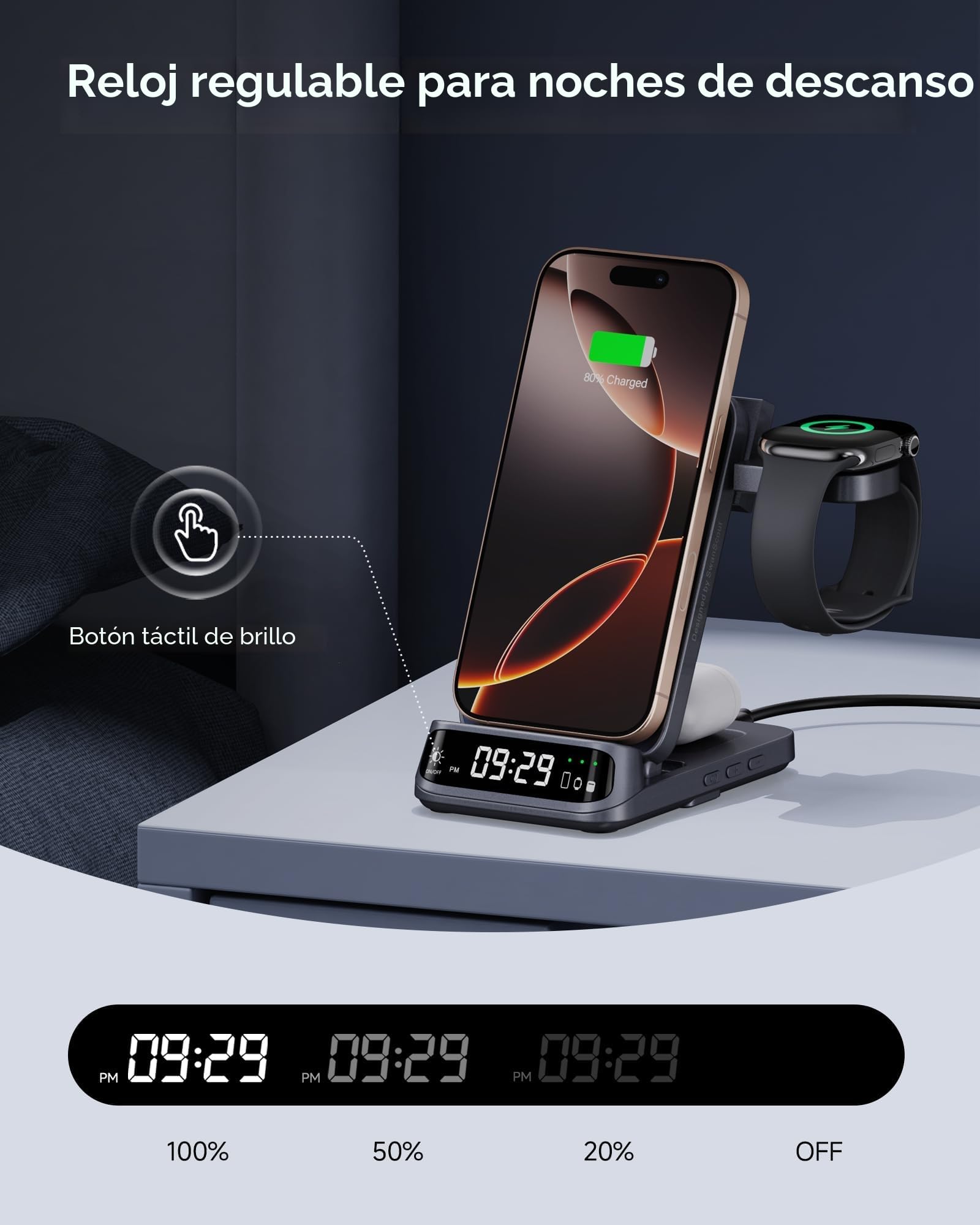 Cargador inalámbrico 3 en 1 Plegable para iPhone 17, iWatch 11, AirPods | Pantalla curva elegante, reloj LED regulable, plegable y portátil, protecciones múltiples, sin adaptador, SwanScout 708A