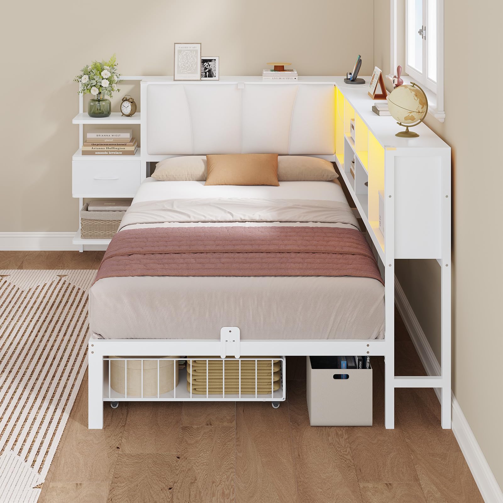 Cama juvenil de 90x200 in, color blanco con LED, espacio de