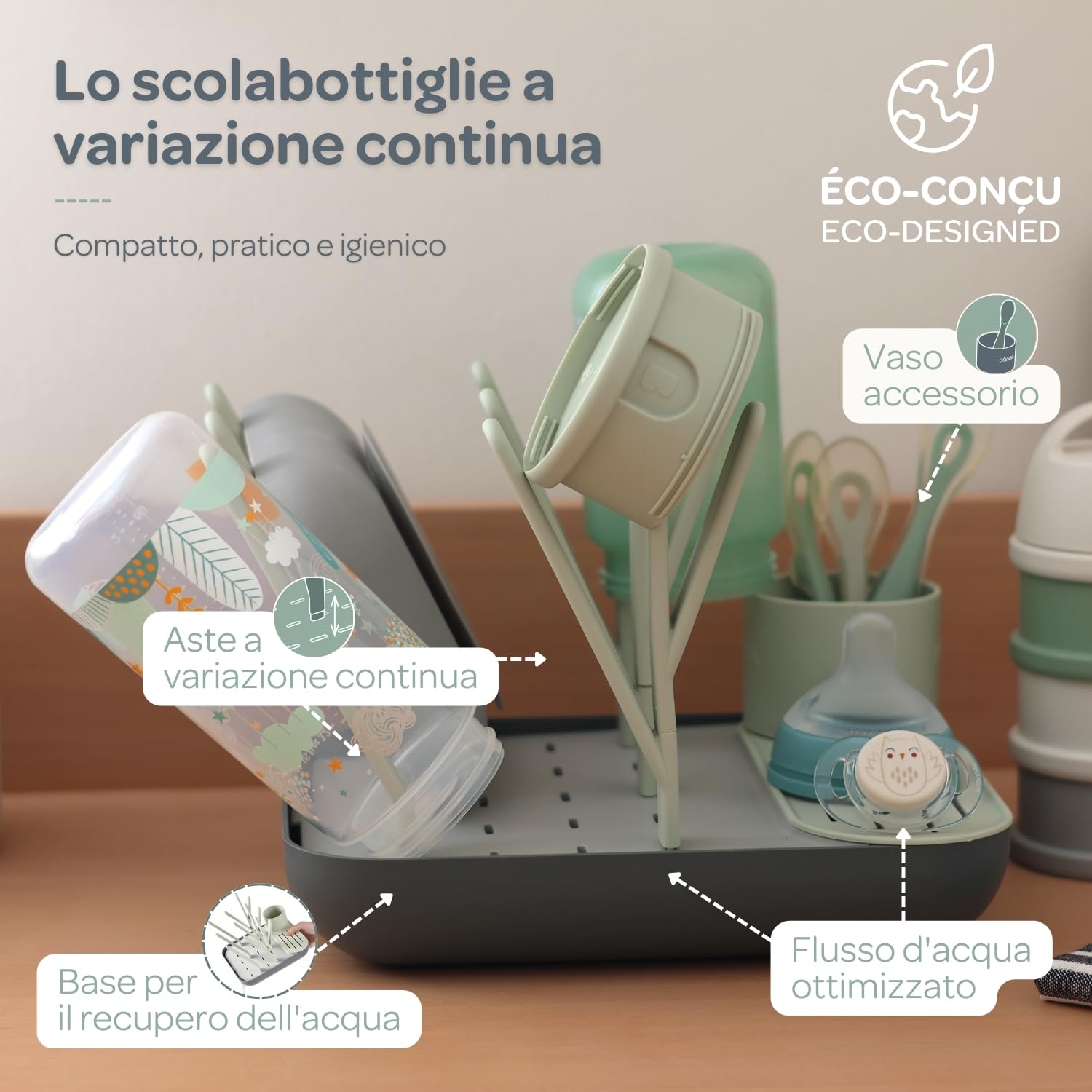 BEABA, Scolabiberon E Asciugabiberon, Grande Capacità, Modulare, Fino A 6 Biberon E Stoviglie Per Bambini, Vaso Accessorio, Drenaggio Ottimizzato, Facile Da Riporre, Compatto, Pratico, Salvia/Minerale