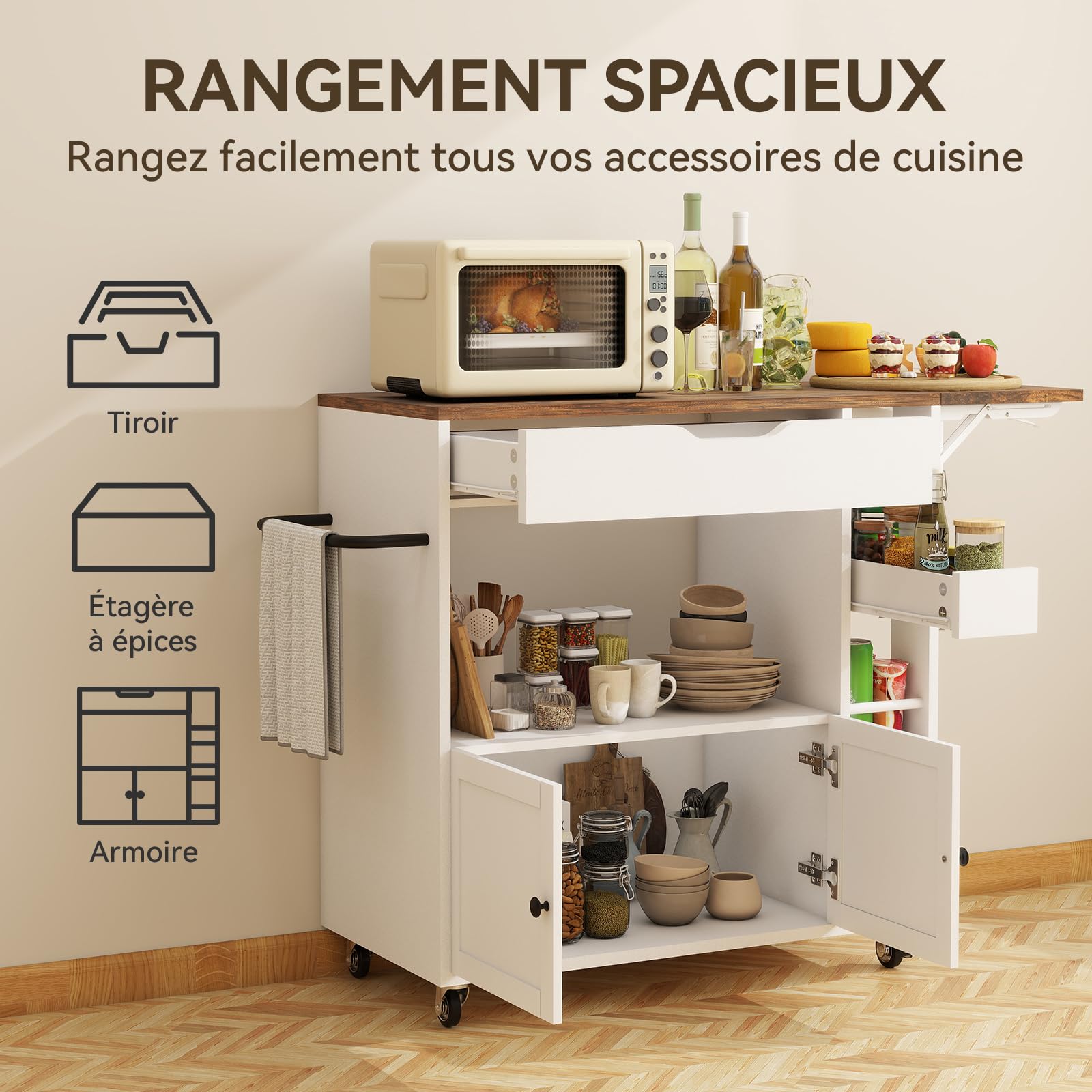 YU YUSING Desserte Cuisine à roulettes avec Plan de Travail Extensible 104x40cm, 4 Étagères, 2 Tiroirs, 1 Porte, Îlot Central Cuisine Mobile, Meuble Micro-Ondes, Blanc/Marron