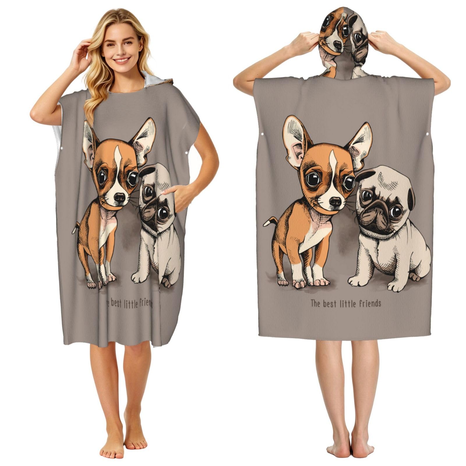 Poadnly Chihuahua Bulldog Cute Pug Dog Pet Animal Friends Puppy Beige, Adult Hooded Beach Towel 90 x 110 cm,Changing Bath Robe, Surf Poncho Towel For Women Men