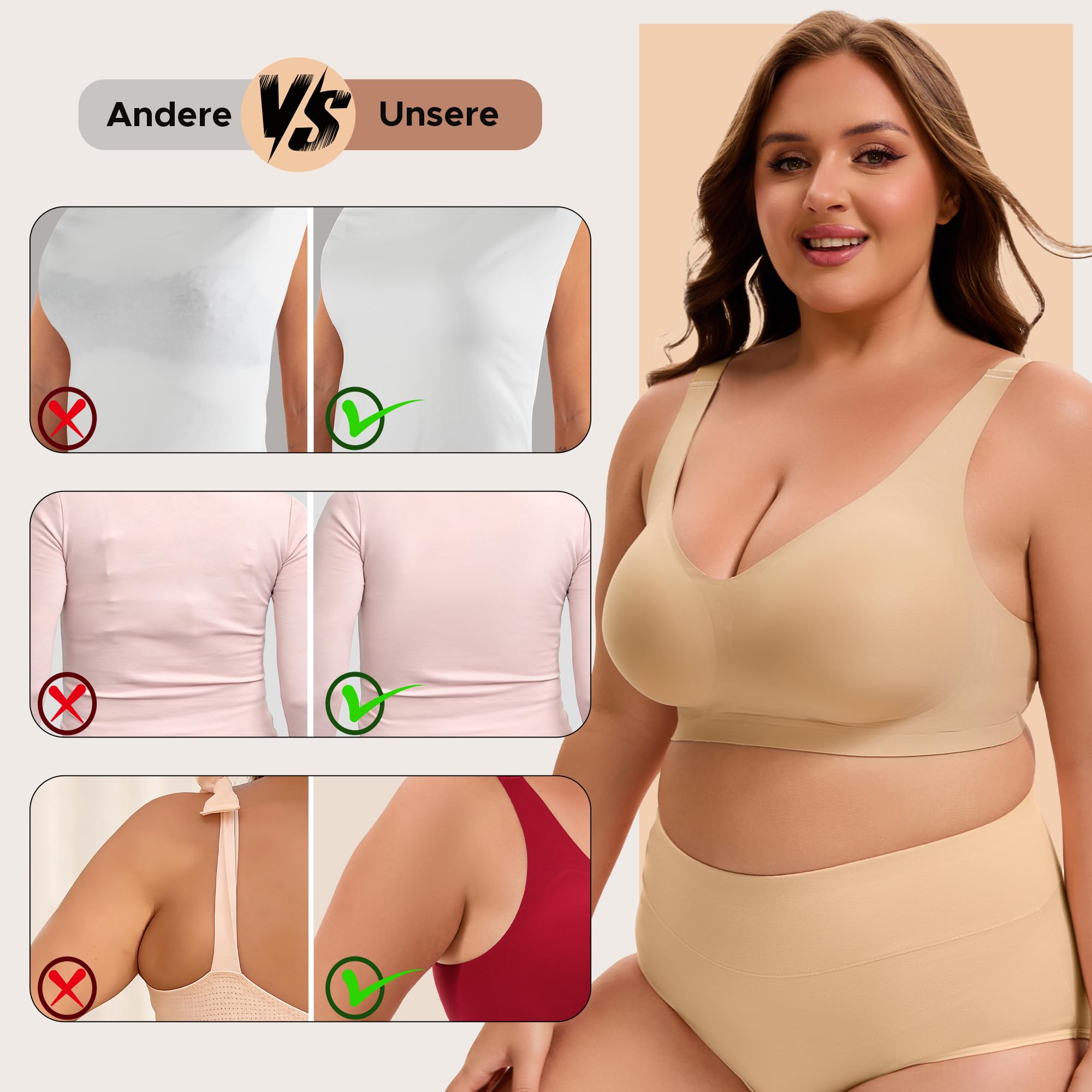 INNERSY Biustonosz damski bez fiszbin, duże rozmiary, dekolt w serek, bezszwowy biustonosz z przedłużeniem biustonosza (XL-4XL)