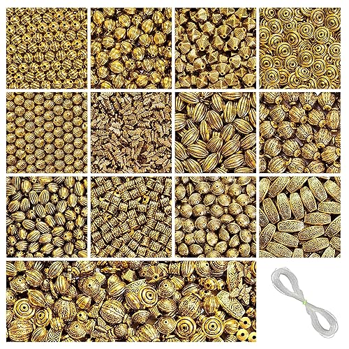Image of 340 Pcs Golden Antique Beads for Jewellery Making Kit, Beads for Bracelet Making Kit, Beading, DIY Beadwork, Crafting, Embroidery, Bead Craft - 12 Designs, Acrylic, 280g, Pearls for Craft
