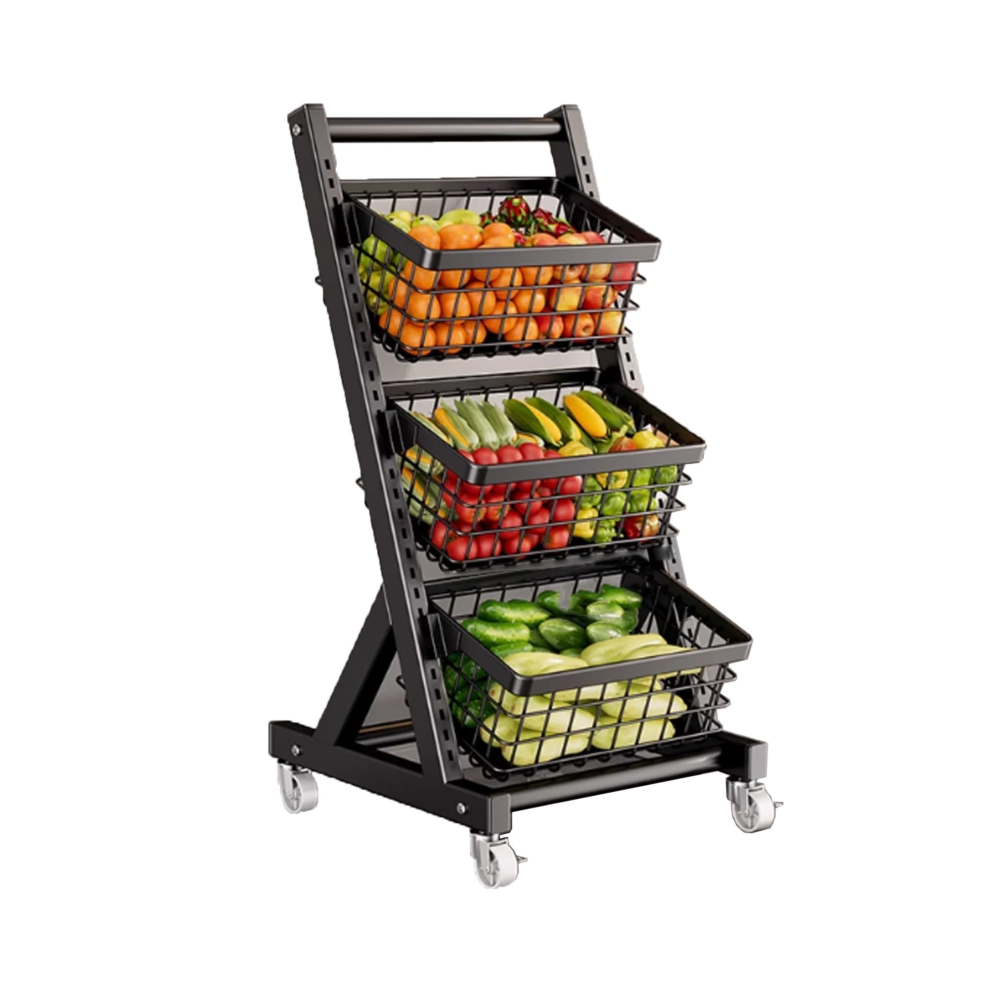 Étagère de cuisine à roulettes multi-couches avec roulettes - Polyvalente - Vétérinaire et fruits - Noir - Affichage domestique avec paniers pour un accès facile