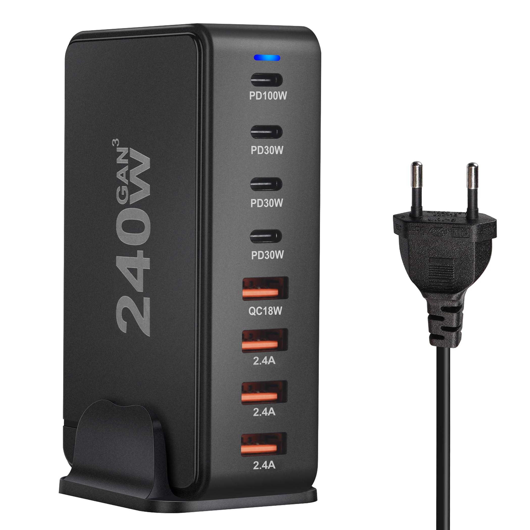 Gniazdo zasilania - Ładowarka 240 W z 4 portami USB-C (100 W/30W) i 4 portami USB-A (18W/12W) - Technologia GAN3 Szybkie ładowanie do komputera stacjonarnego