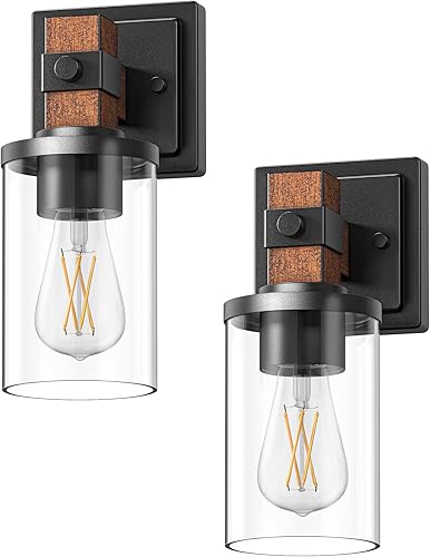 Miniatura 8 de EDISHINE Juego de 2 apliques de pared, accesorios de tocador de granja para baño, 1 luz de madera sintética rústica con pantalla de vidrio