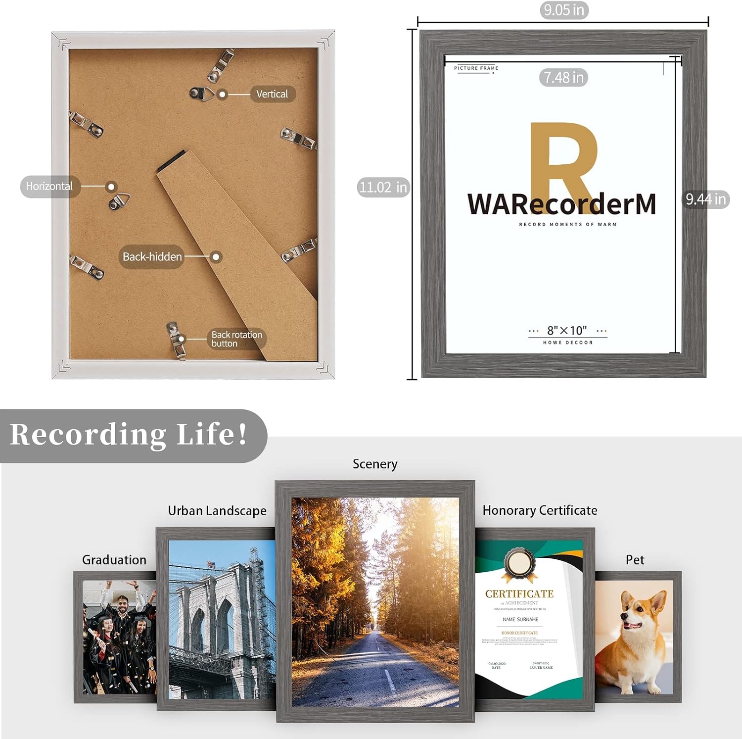8x10 Picture Frames Set of 4 - High Definition Glass New Patten Frame - Wall Mounting Frame Horizontal Vertical Format image 4